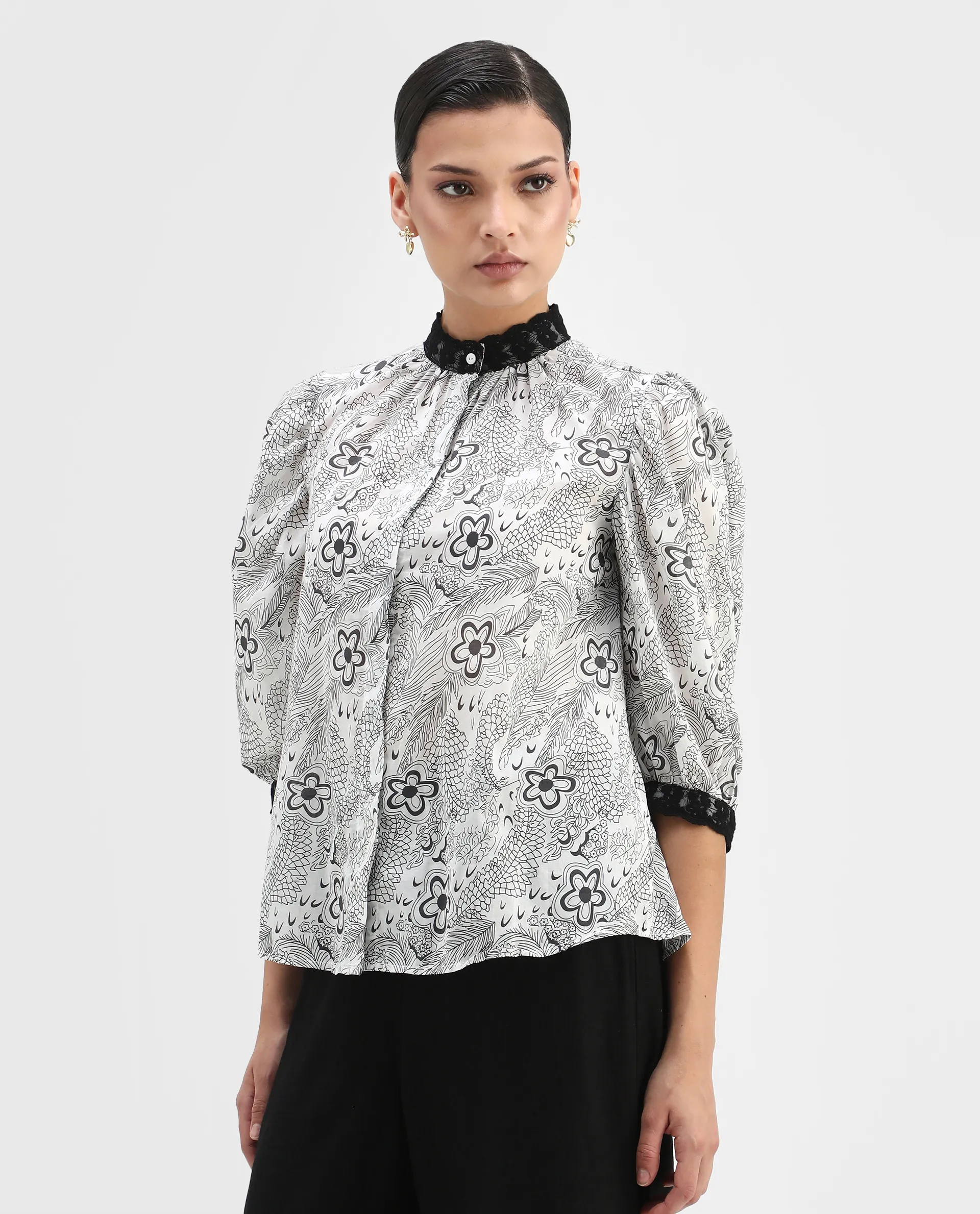 Rareism Women's Museo White Cotton Mandarin Collar Floral Print Puff Sleeves Regular Fit Top - Image 6