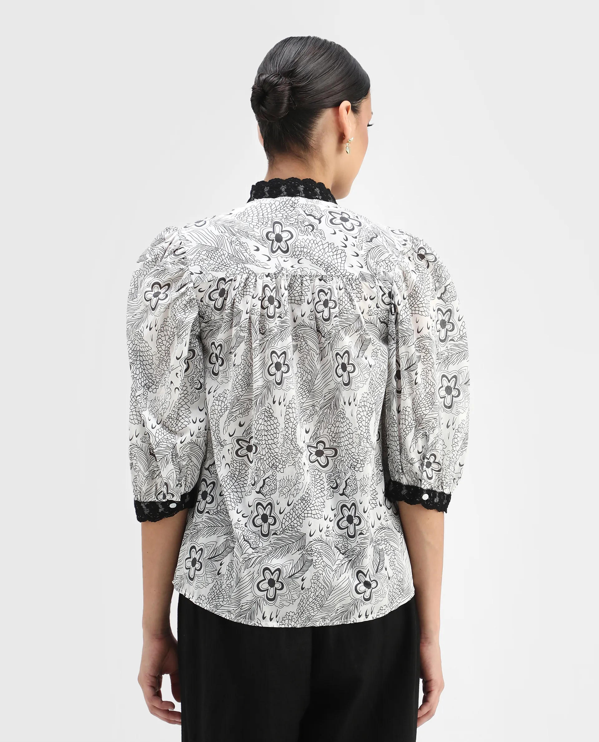 Rareism Women's Museo White Cotton Mandarin Collar Floral Print Puff Sleeves Regular Fit Top - Image 7