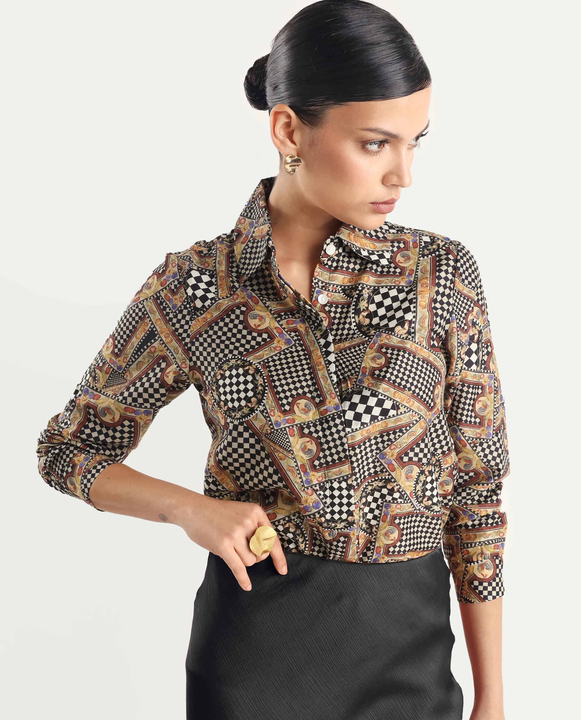 Rareism Women's Musery Multi Cotton Spread Collar Geometric Print Cuffed Sleeve Boxy Fit Top