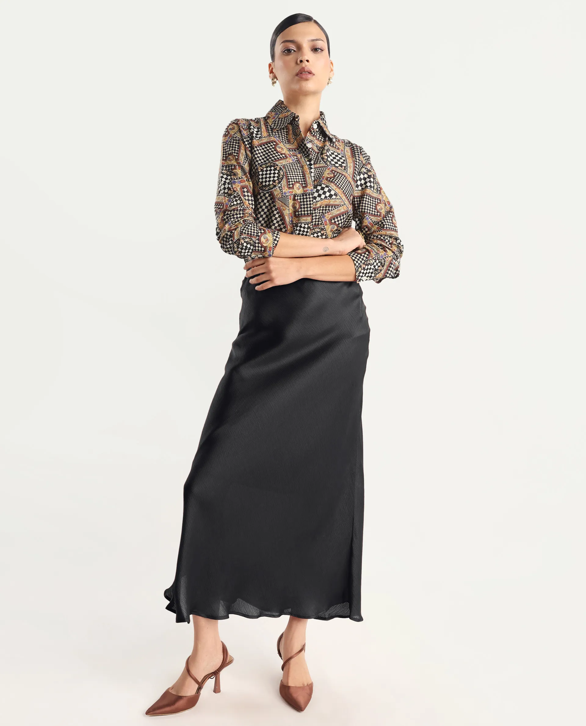 Rareism Women's Musery Multi Cotton Spread Collar Geometric Print Cuffed Sleeve Boxy Fit Top - Image 2