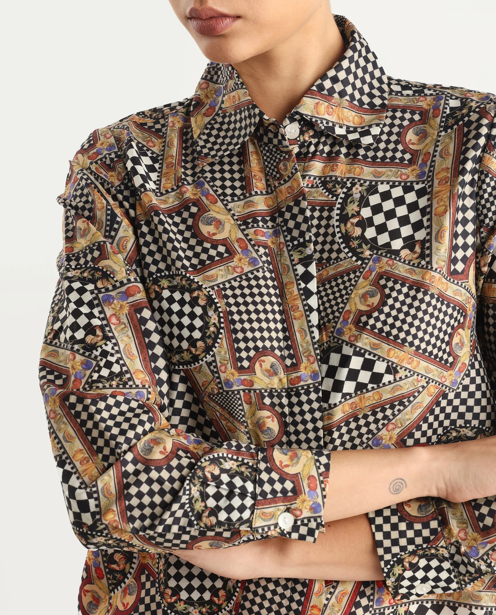 Rareism Women's Musery Multi Cotton Spread Collar Geometric Print Cuffed Sleeve Boxy Fit Top - Image 3