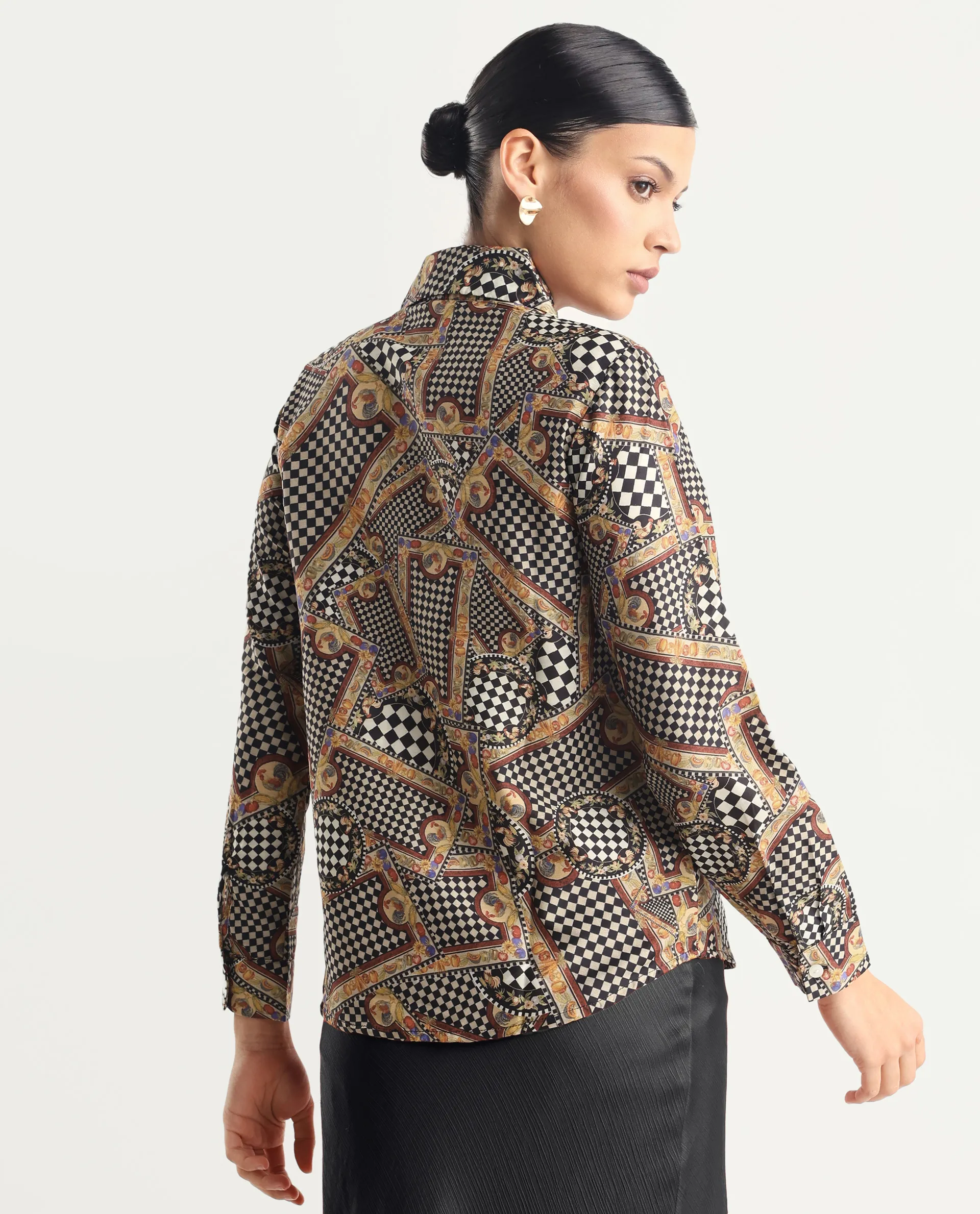 Rareism Women's Musery Multi Cotton Spread Collar Geometric Print Cuffed Sleeve Boxy Fit Top - Image 4