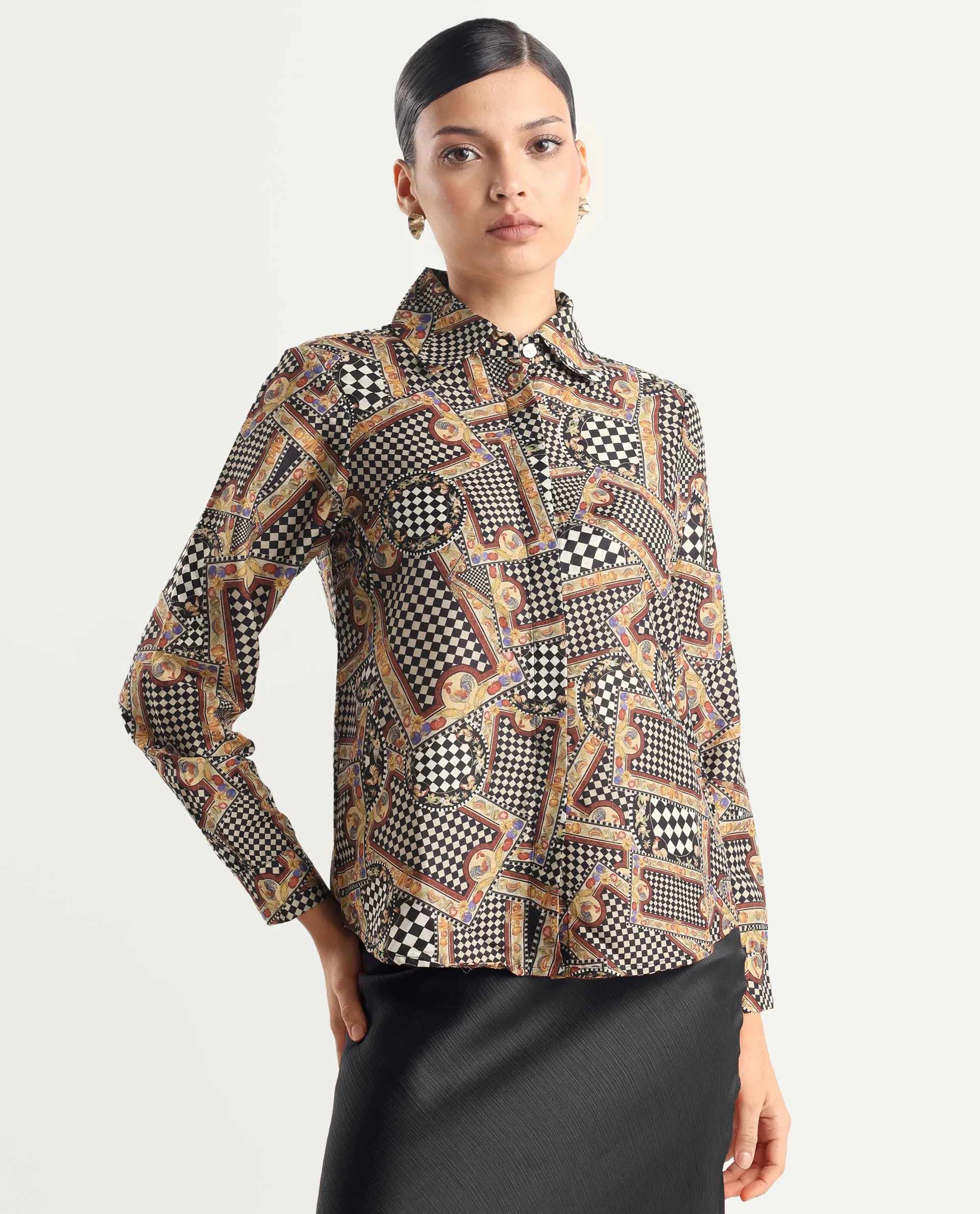 Rareism Women's Musery Multi Cotton Spread Collar Geometric Print Cuffed Sleeve Boxy Fit Top - Image 5