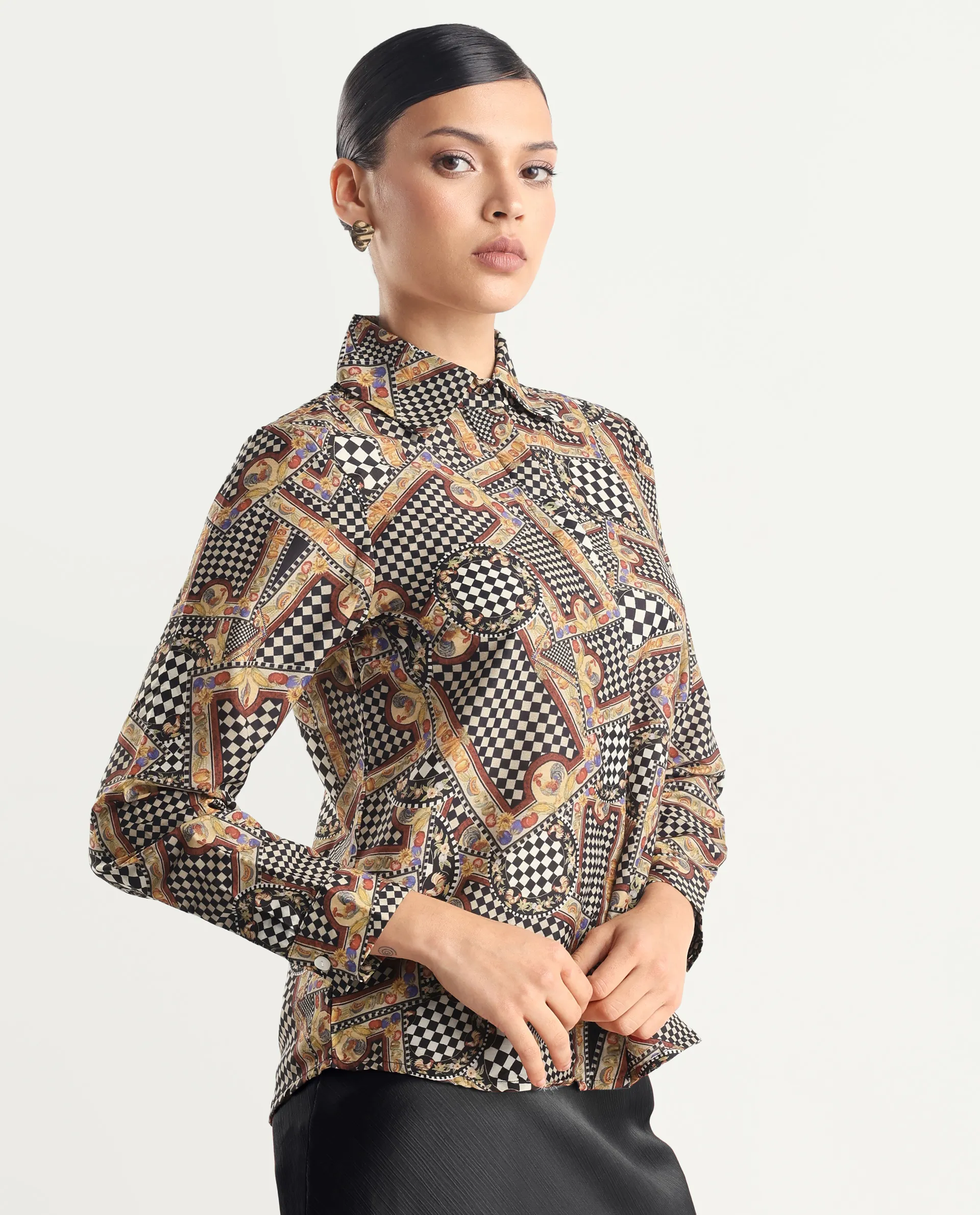 Rareism Women's Musery Multi Cotton Spread Collar Geometric Print Cuffed Sleeve Boxy Fit Top - Image 6