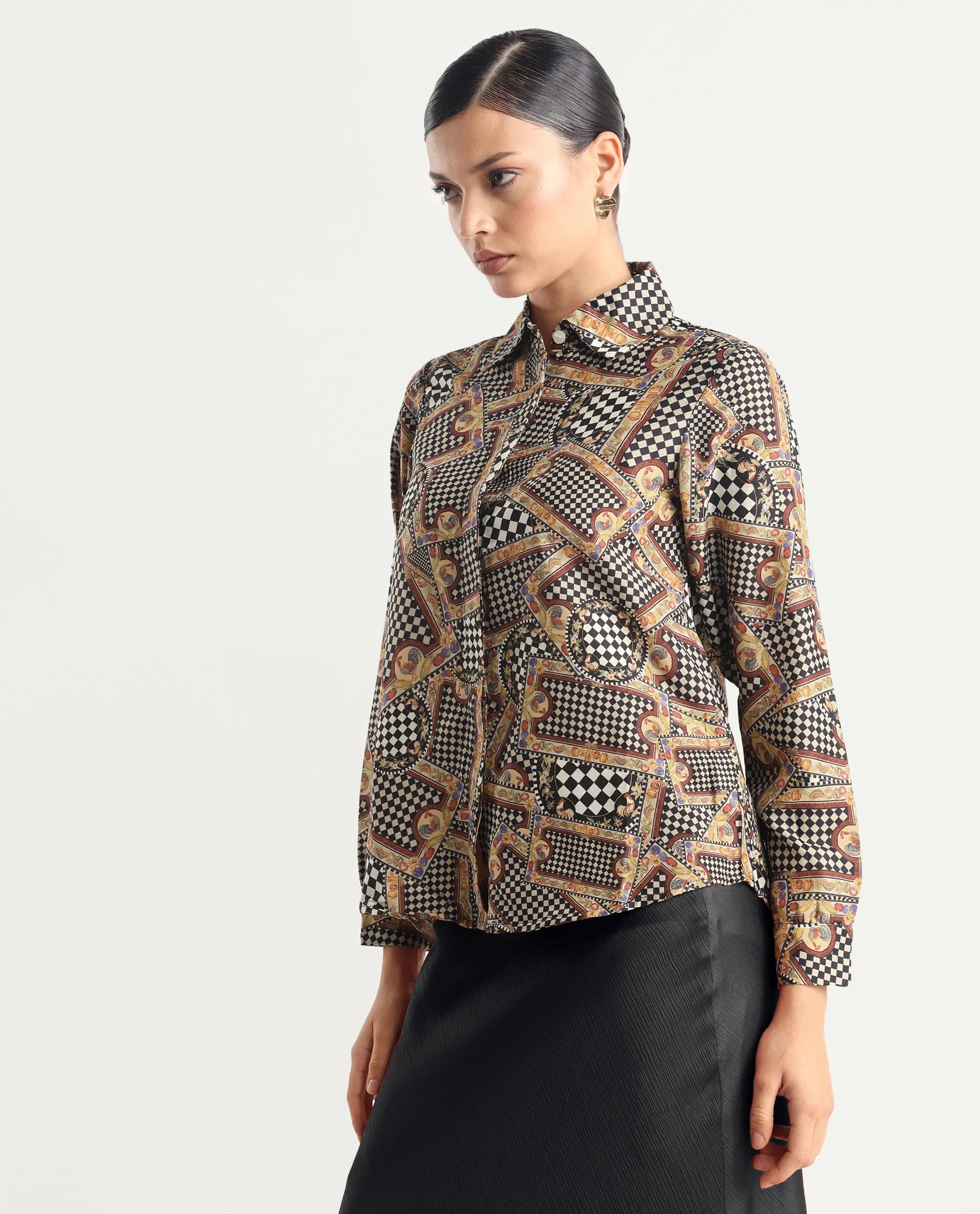 Rareism Women's Musery Multi Cotton Spread Collar Geometric Print Cuffed Sleeve Boxy Fit Top - Image 7