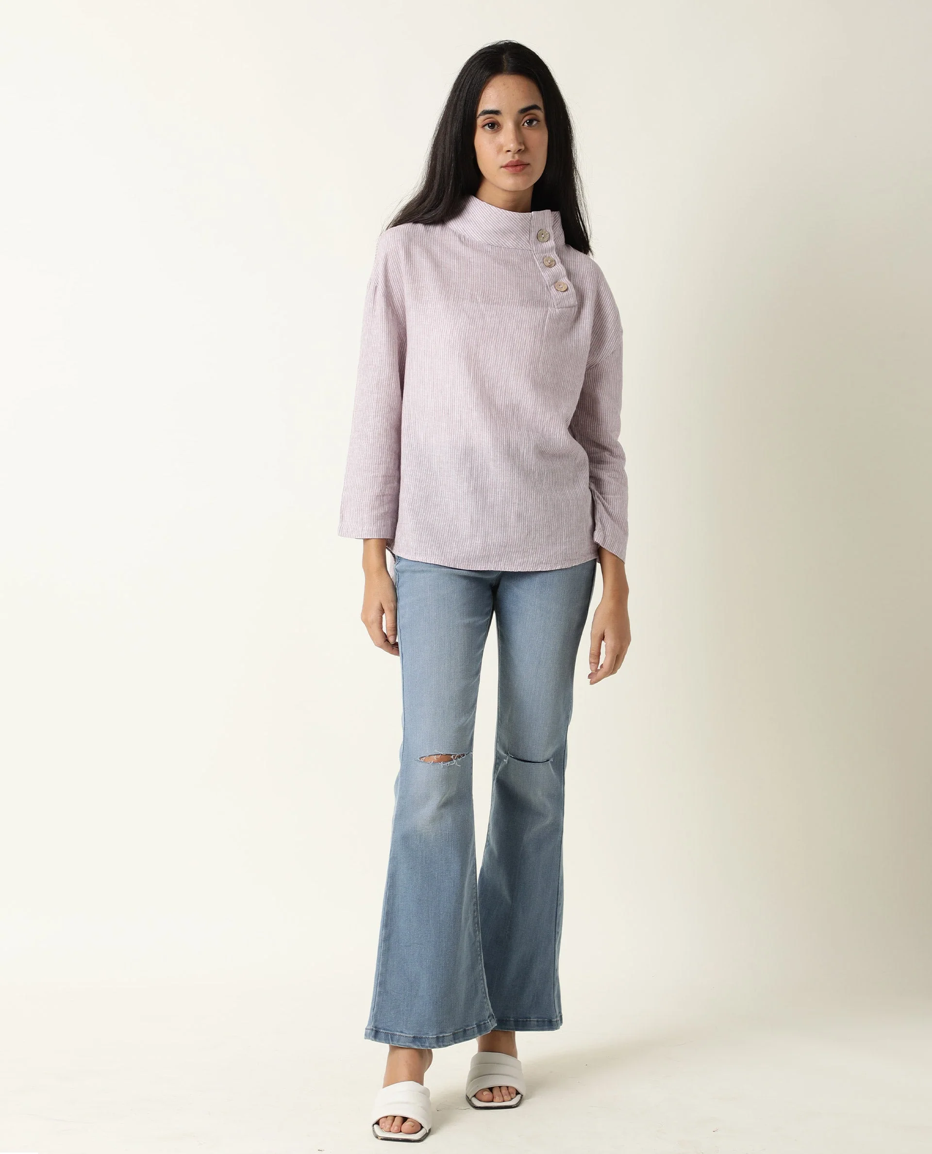 Rareism Women's Mute Purple Linen High Neck Plain Regular Fit Top - Image 3