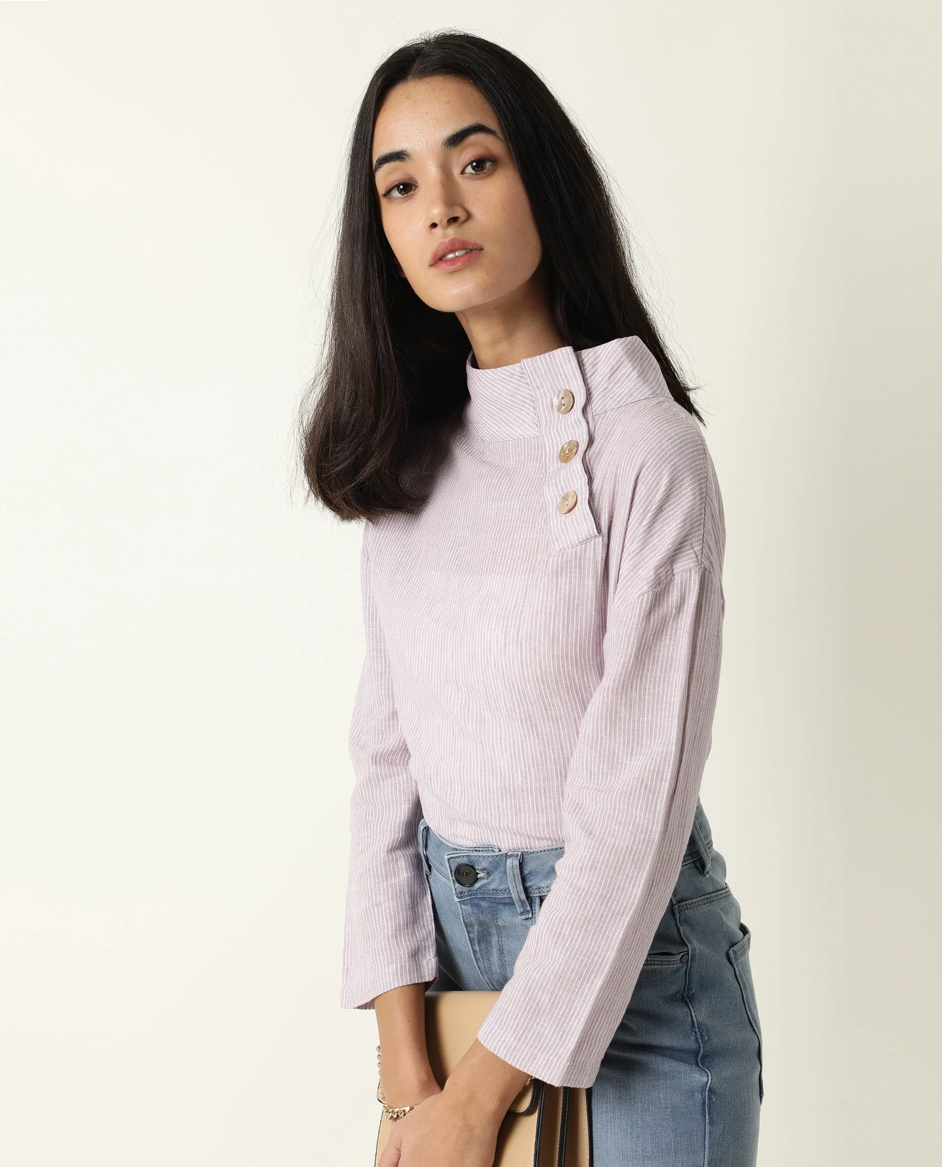 Rareism Women's Mute Purple Linen High Neck Plain Regular Fit Top - Image 4