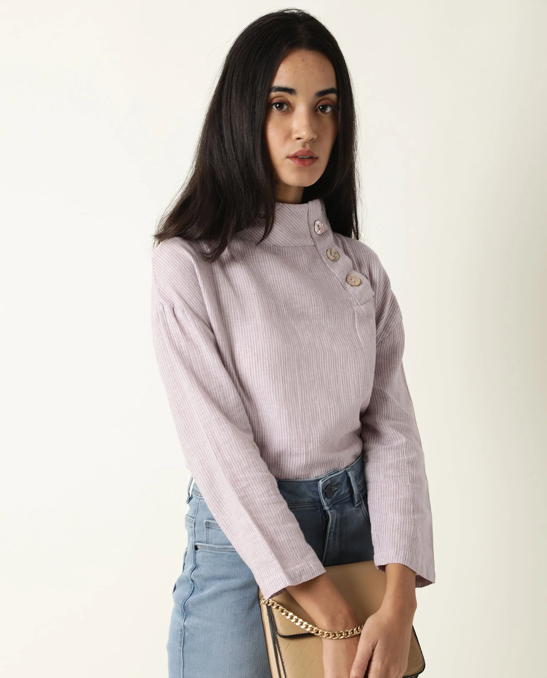 Rareism Women's Mute Purple Linen High Neck Plain Regular Fit Top - Image 5