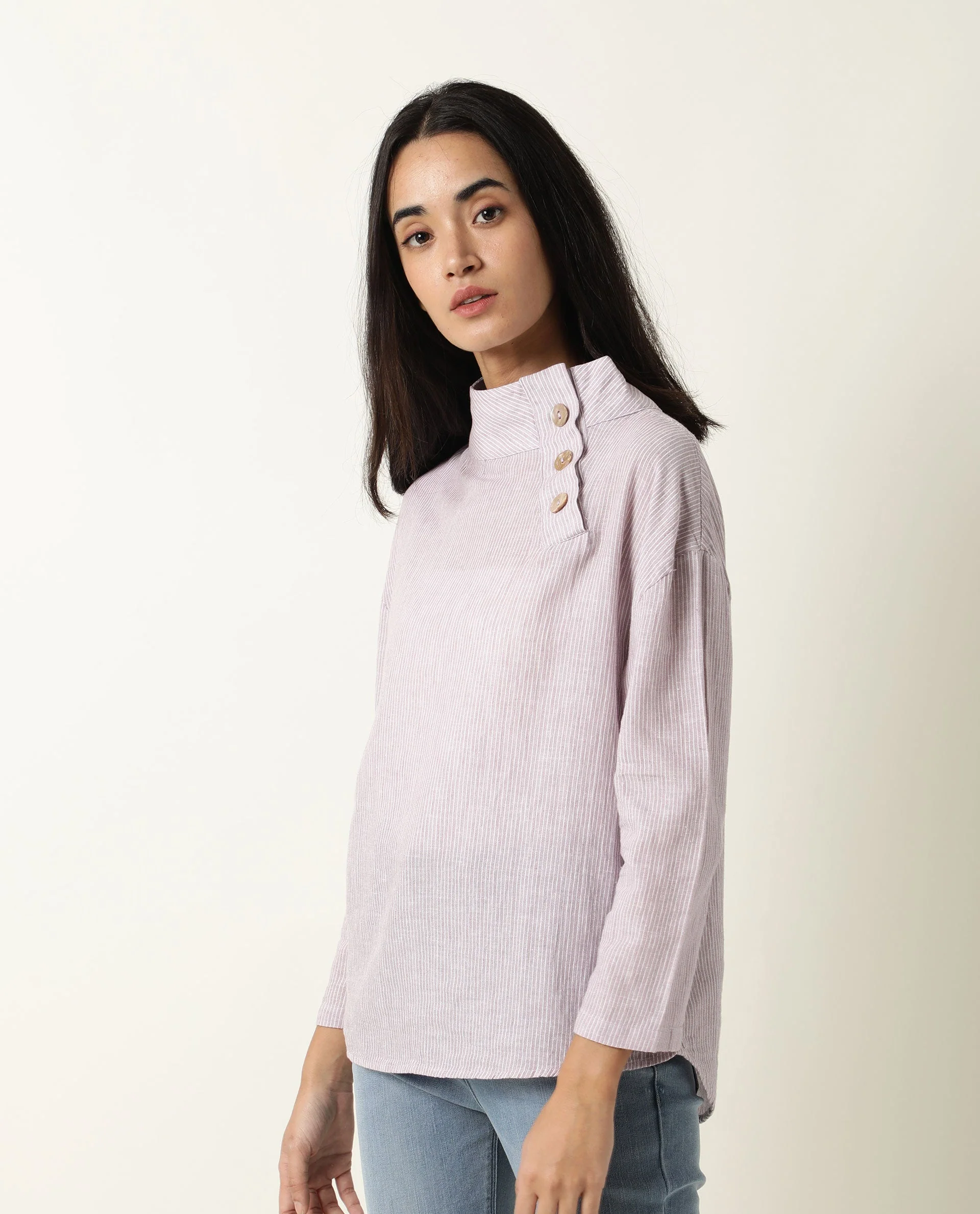 Rareism Women's Mute Purple Linen High Neck Plain Regular Fit Top - Image 6
