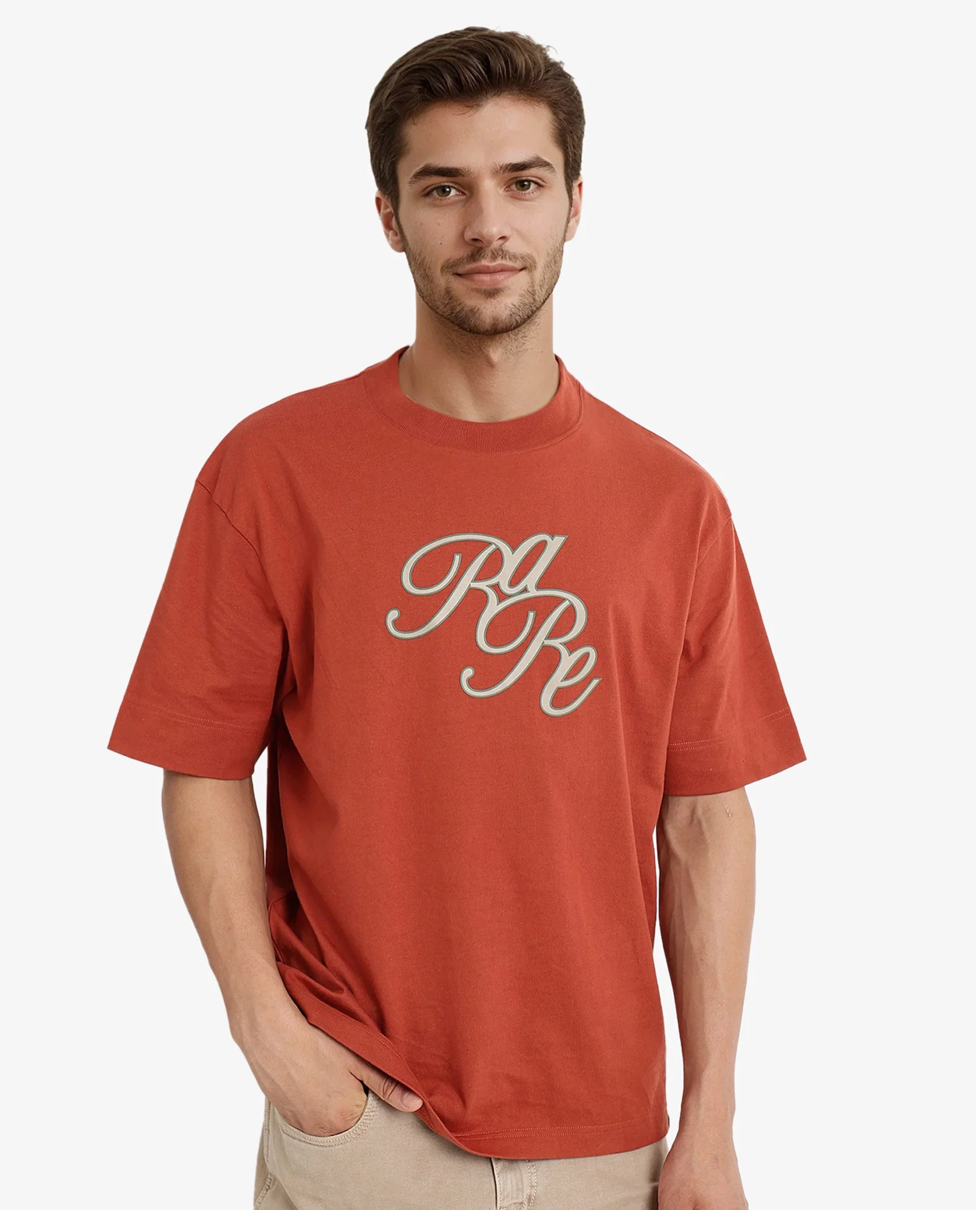 Rare Rabbit Men's Muville Rust Cotton Graphic Print Oversized Fit Half Sleeve Crew Neck T-Shirt