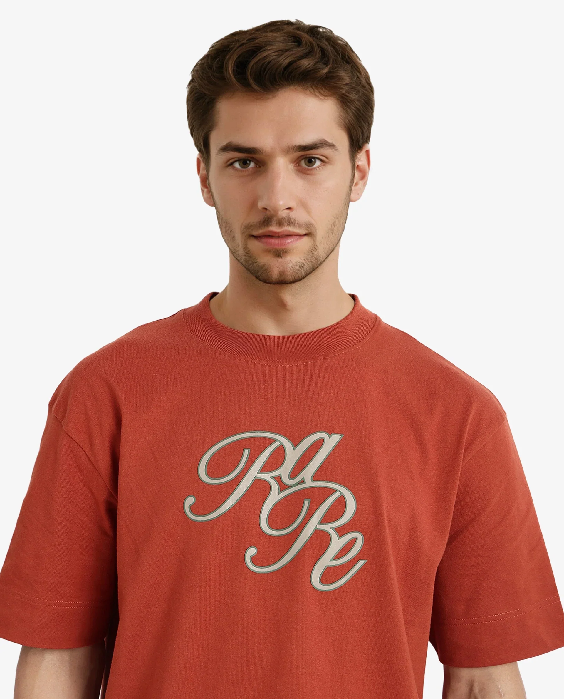 Rare Rabbit Men's Muville Rust Cotton Graphic Print Oversized Fit Half Sleeve Crew Neck T-Shirt - Image 2