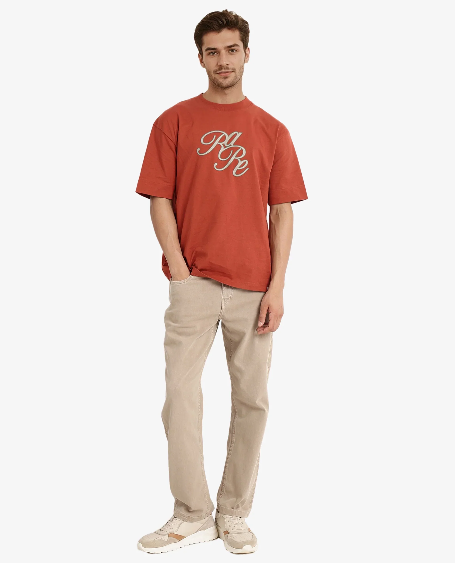 Rare Rabbit Men's Muville Rust Cotton Graphic Print Oversized Fit Half Sleeve Crew Neck T-Shirt - Image 3