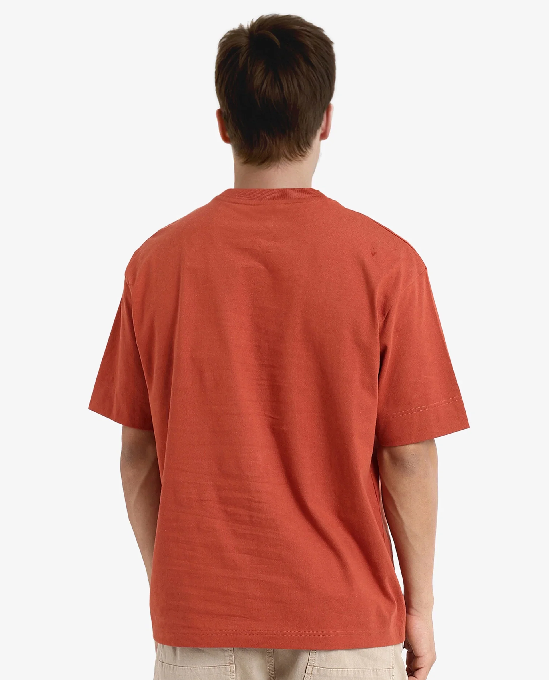 Rare Rabbit Men's Muville Rust Cotton Graphic Print Oversized Fit Half Sleeve Crew Neck T-Shirt - Image 4
