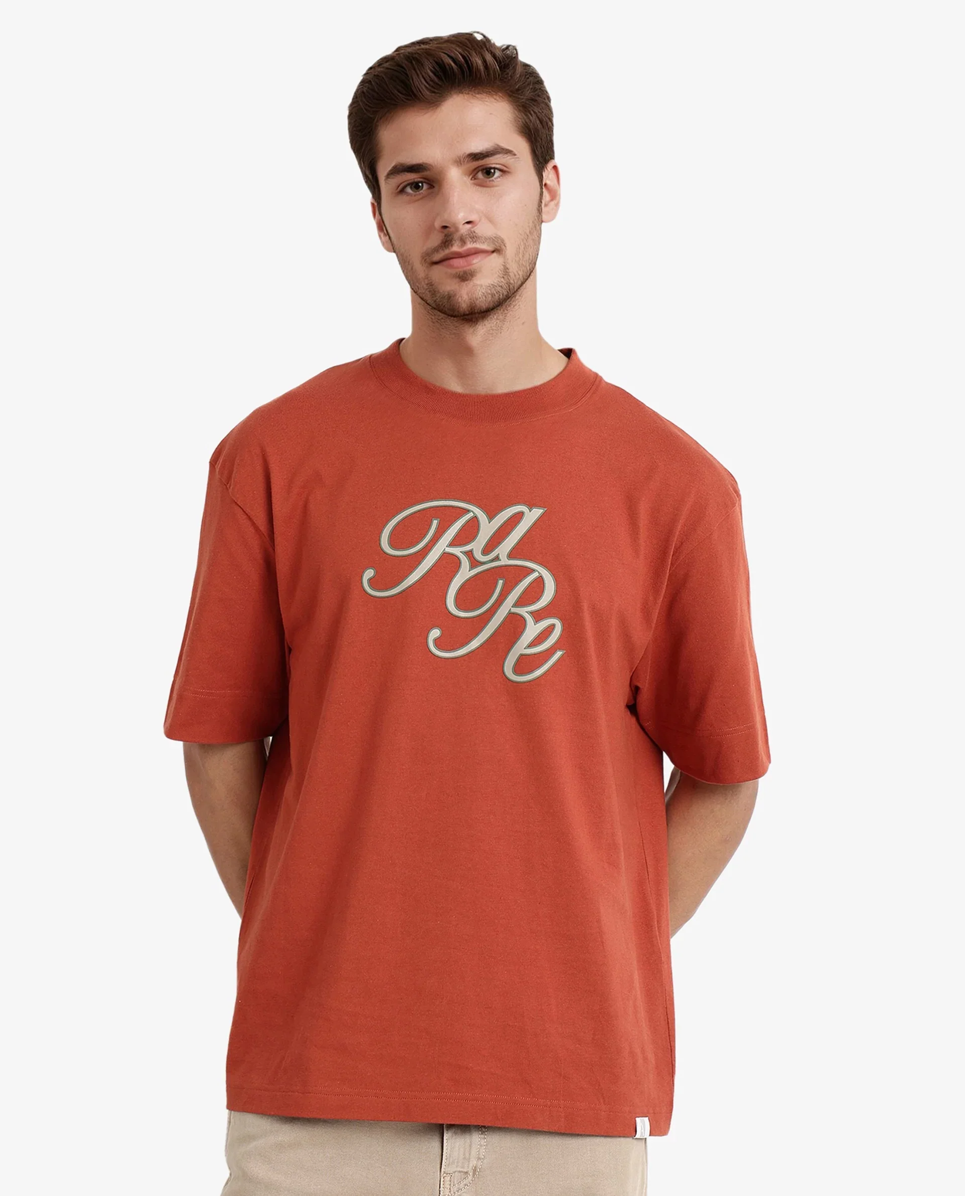 Rare Rabbit Men's Muville Rust Cotton Graphic Print Oversized Fit Half Sleeve Crew Neck T-Shirt - Image 5