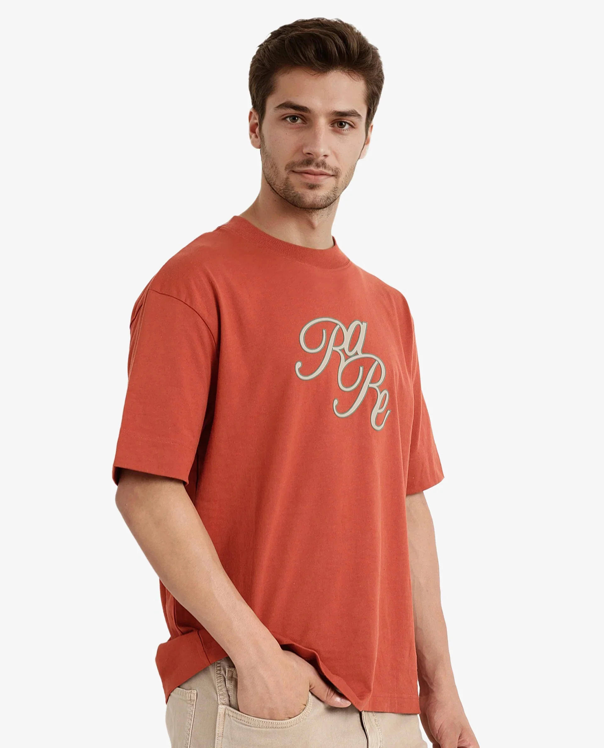 Rare Rabbit Men's Muville Rust Cotton Graphic Print Oversized Fit Half Sleeve Crew Neck T-Shirt - Image 6
