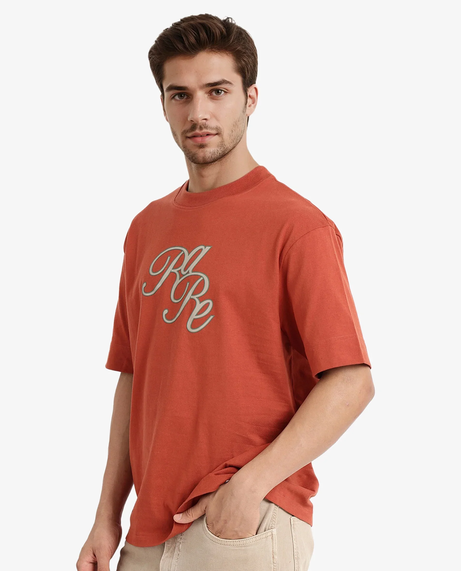 Rare Rabbit Men's Muville Rust Cotton Graphic Print Oversized Fit Half Sleeve Crew Neck T-Shirt - Image 7