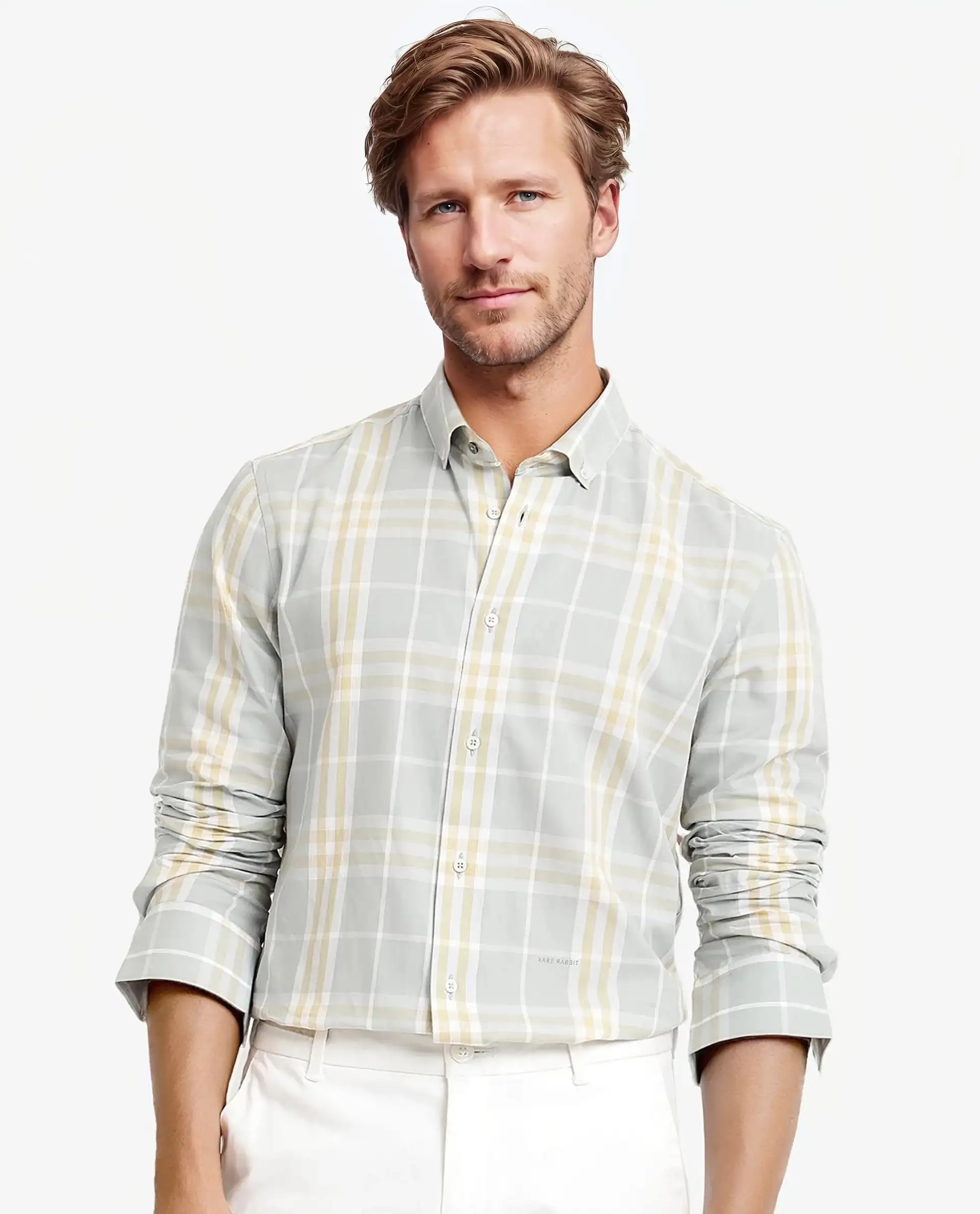 Rare Rabbit Men's Muz Light Grey Cotton Checked Print Regular Fit Full Sleeve Collared Shirt