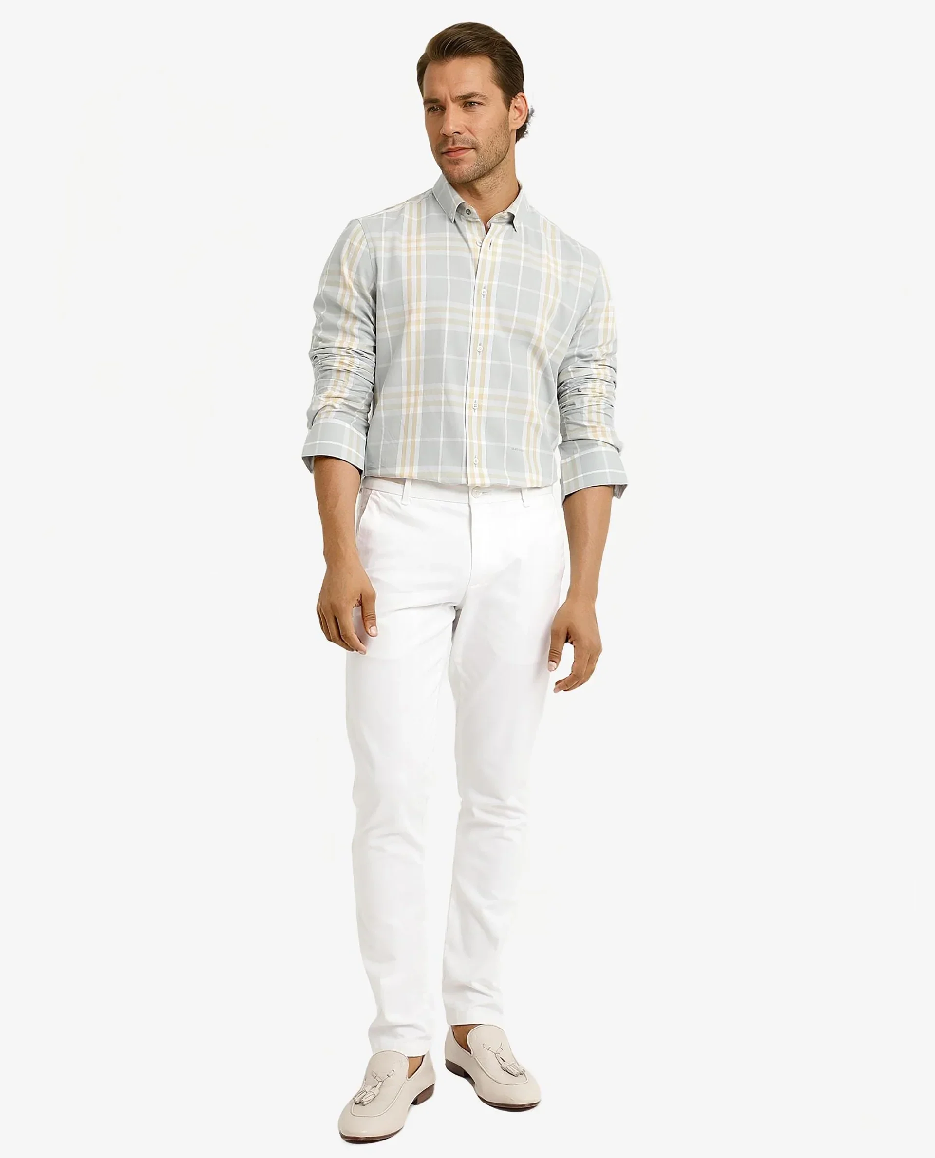Rare Rabbit Men's Muz Light Grey Cotton Checked Print Regular Fit Full Sleeve Collared Shirt - Image 2