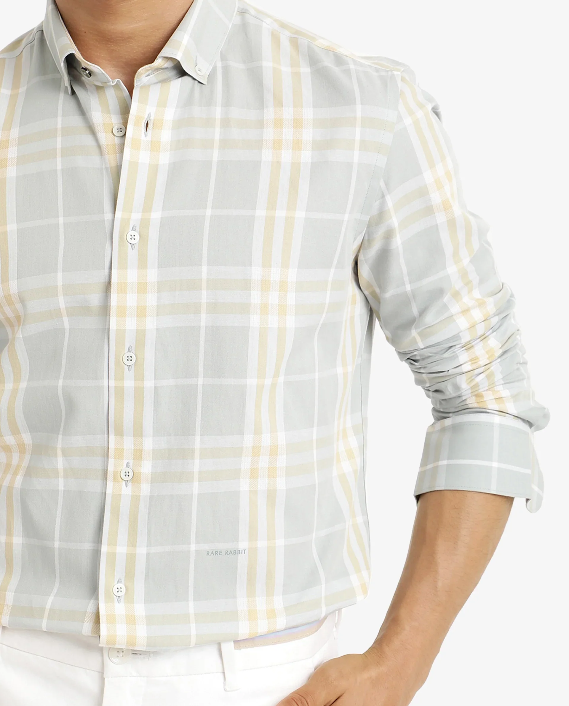 Rare Rabbit Men's Muz Light Grey Cotton Checked Print Regular Fit Full Sleeve Collared Shirt - Image 3