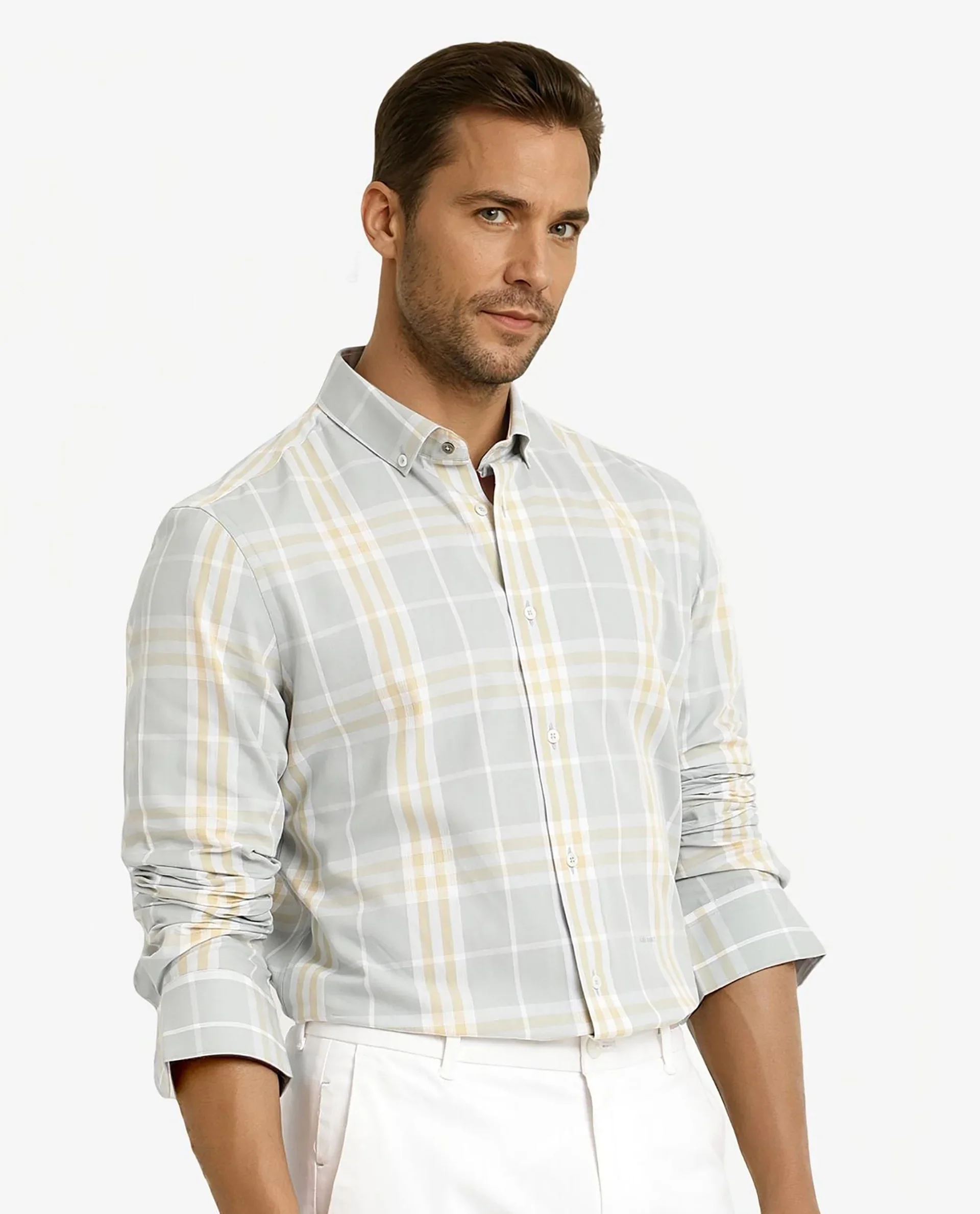 Rare Rabbit Men's Muz Light Grey Cotton Checked Print Regular Fit Full Sleeve Collared Shirt - Image 5