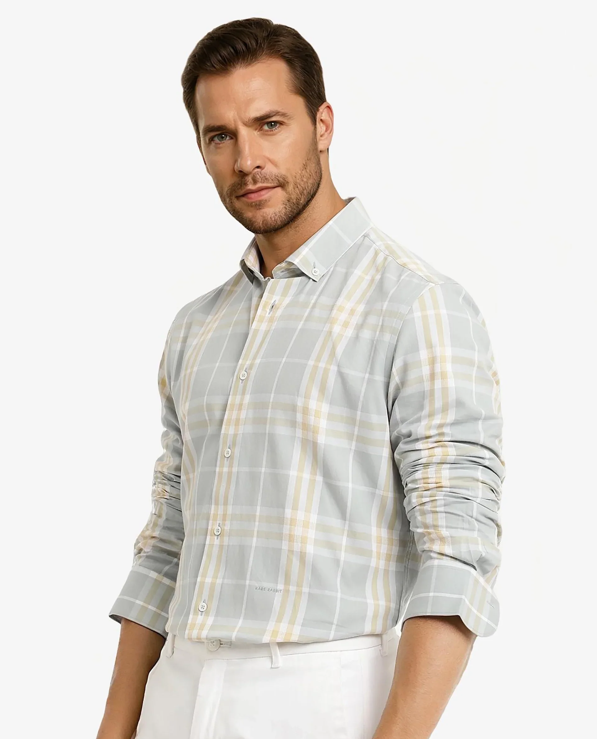 Rare Rabbit Men's Muz Light Grey Cotton Checked Print Regular Fit Full Sleeve Collared Shirt - Image 6