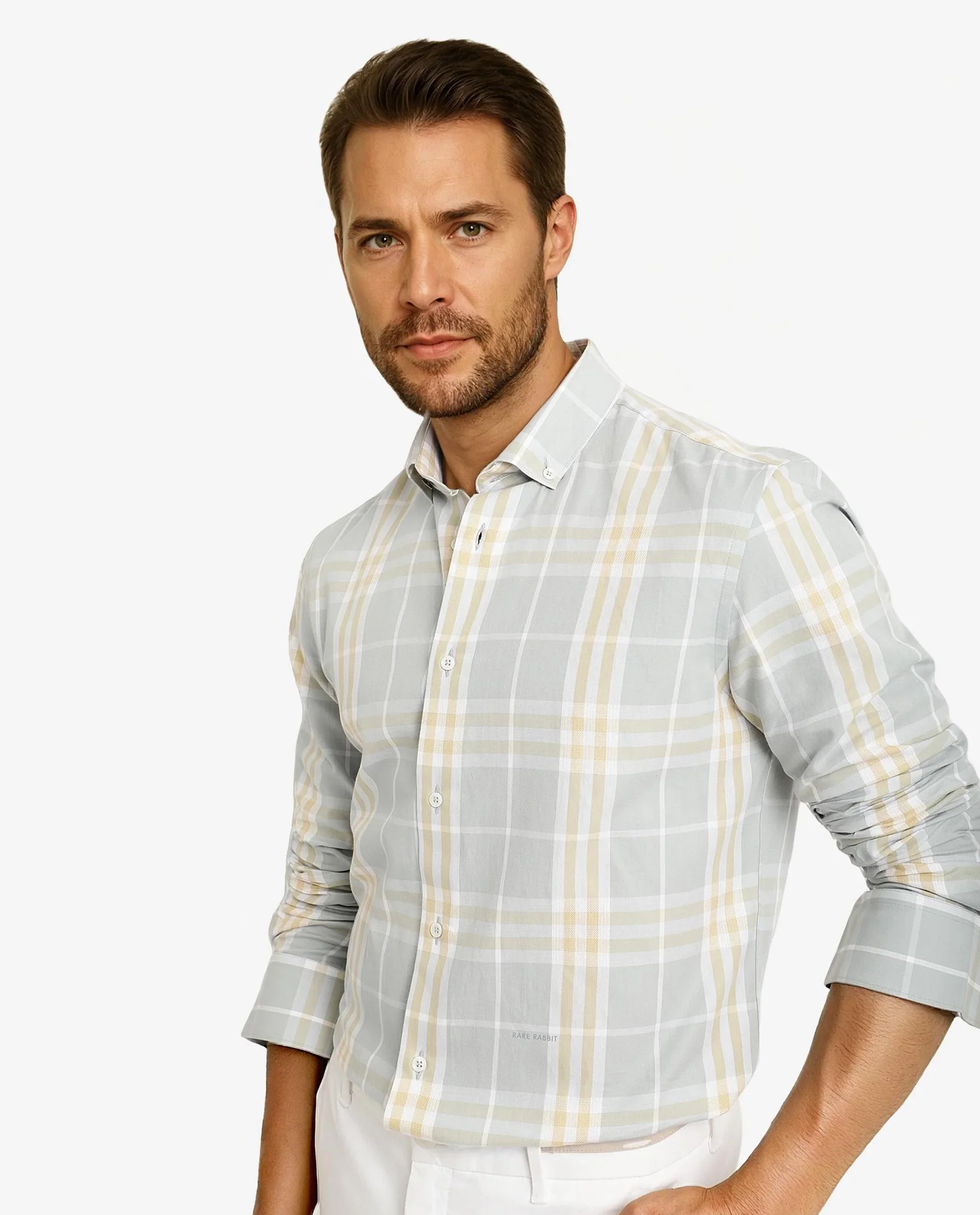 Rare Rabbit Men's Muz Light Grey Cotton Checked Print Regular Fit Full Sleeve Collared Shirt - Image 7