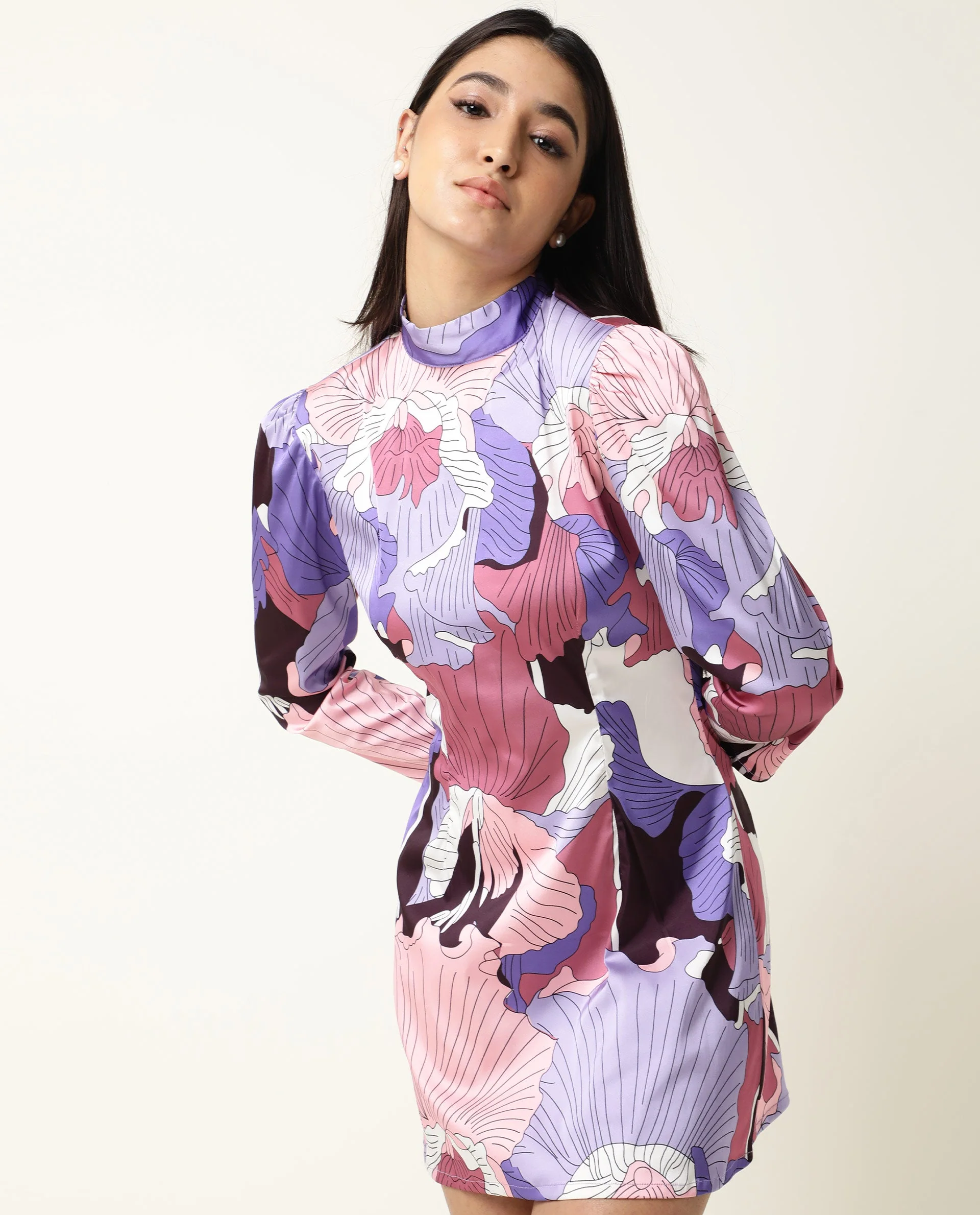 Rareism Women's Mylah Multi High Neck Floral Print Knee Length Regular Fit Dress
