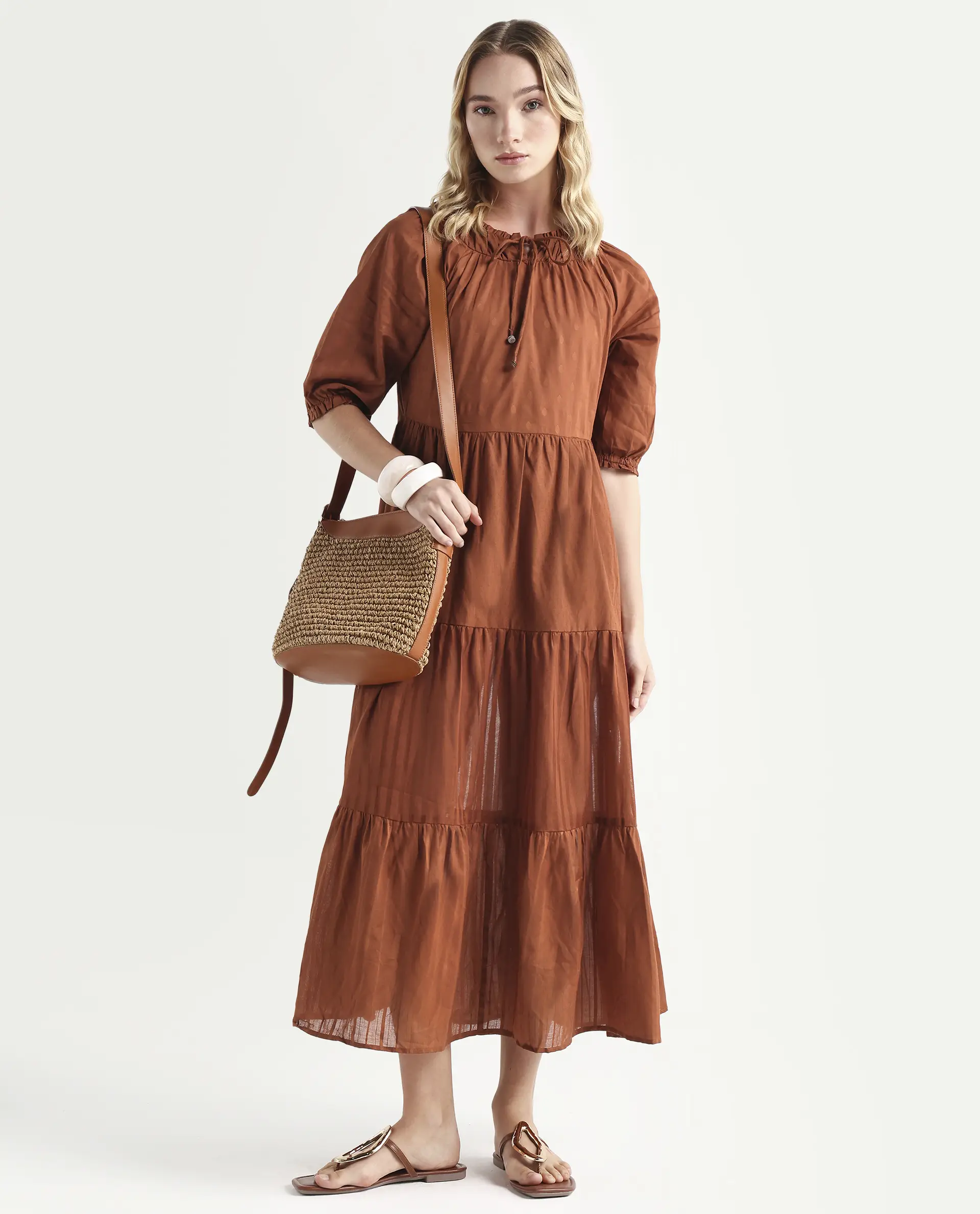 Rareism Women's Myle Brown Cotton Tie-Up Neck Plain Puff Sleeves Knee Length Regular Fit Dress - Image 2