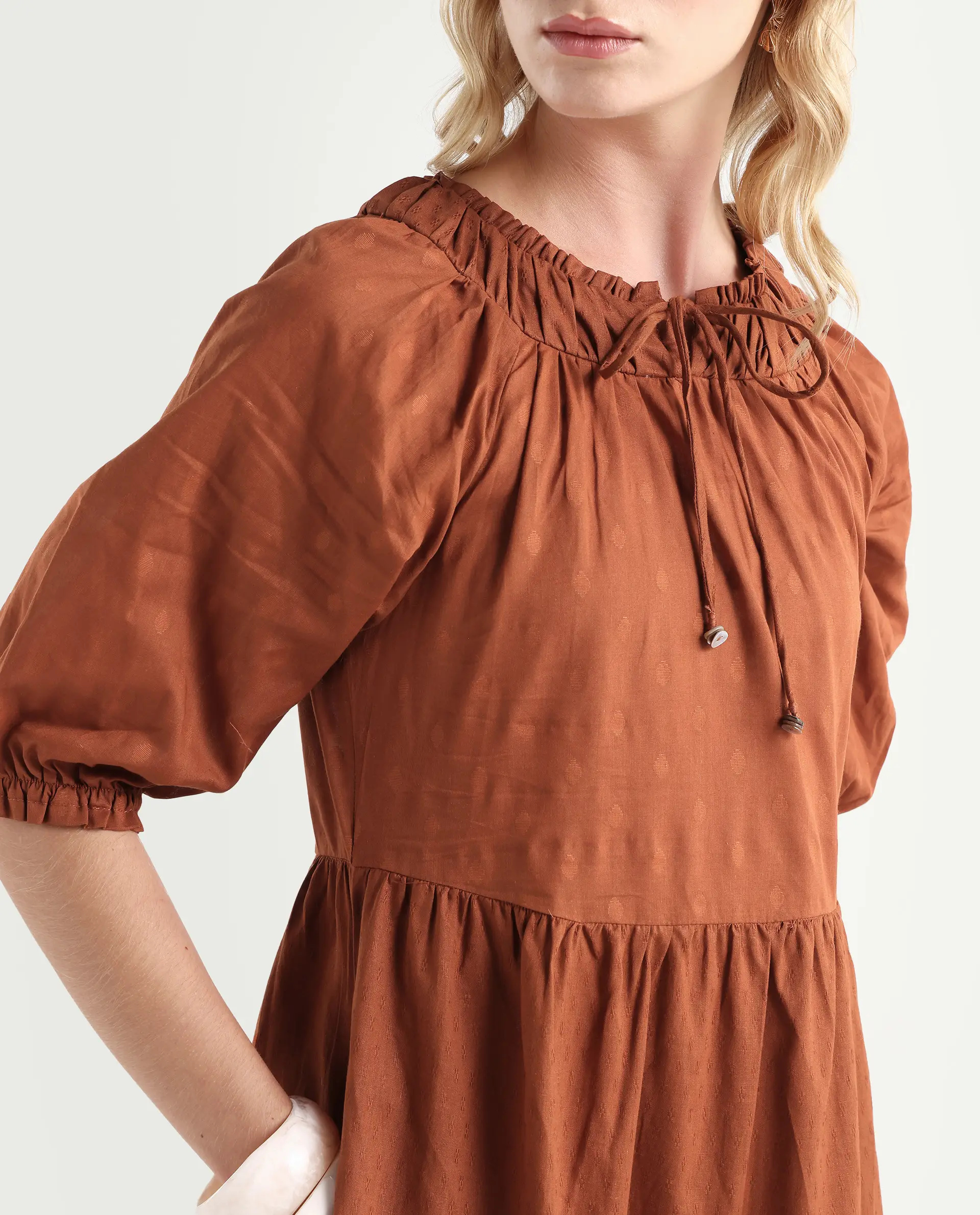 Rareism Women's Myle Brown Cotton Tie-Up Neck Plain Puff Sleeves Knee Length Regular Fit Dress - Image 3
