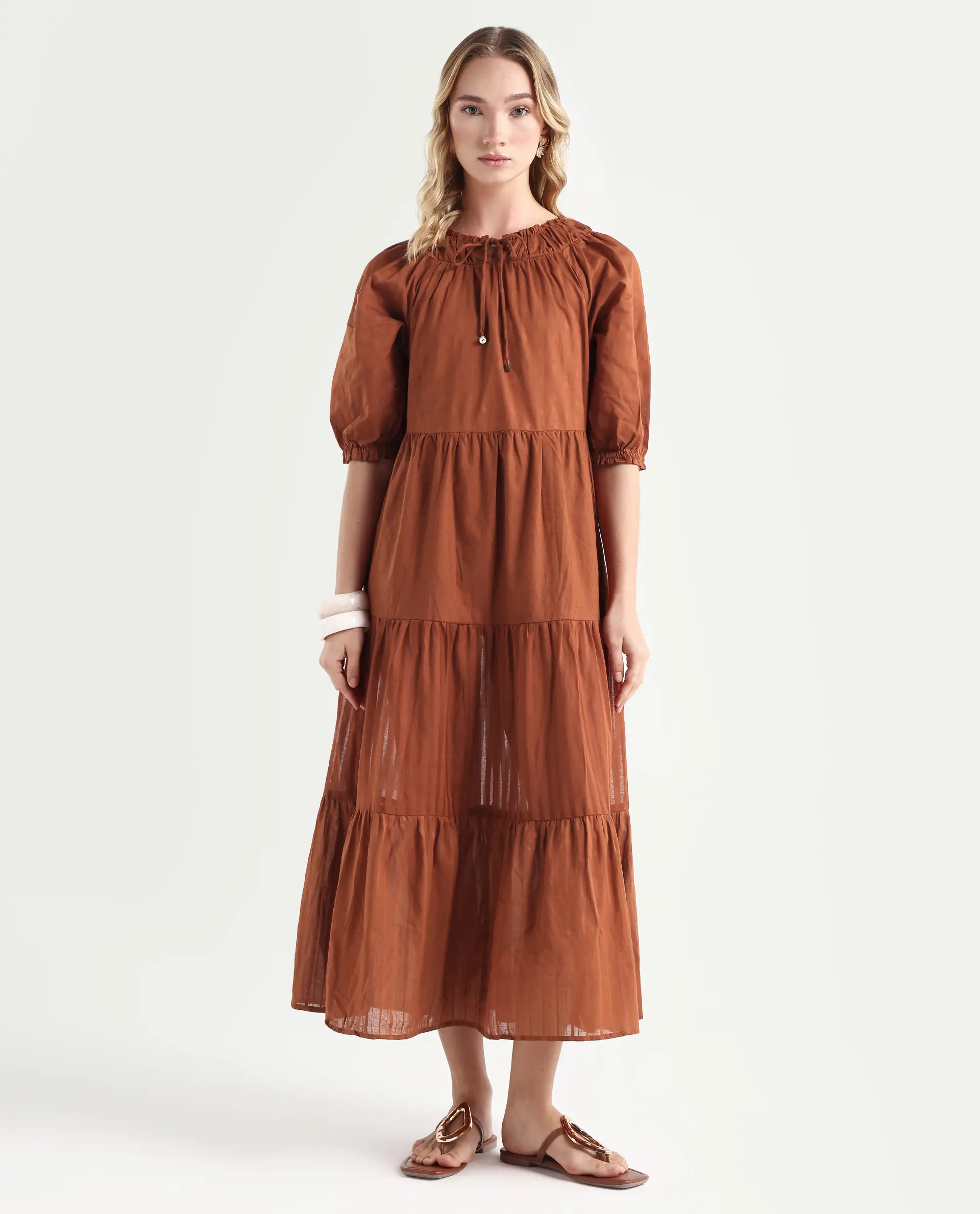Rareism Women's Myle Brown Cotton Tie-Up Neck Plain Puff Sleeves Knee Length Regular Fit Dress - Image 4