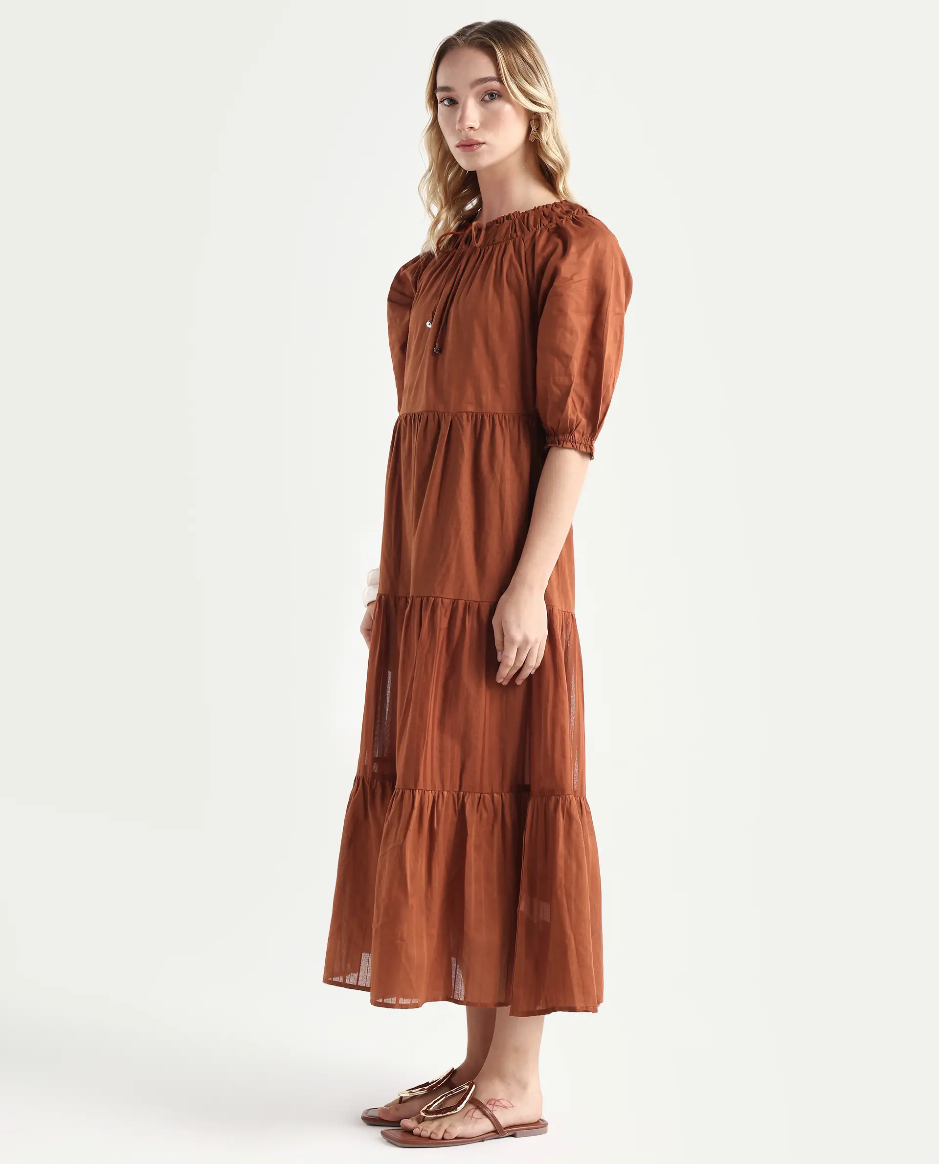 Rareism Women's Myle Brown Cotton Tie-Up Neck Plain Puff Sleeves Knee Length Regular Fit Dress - Image 5
