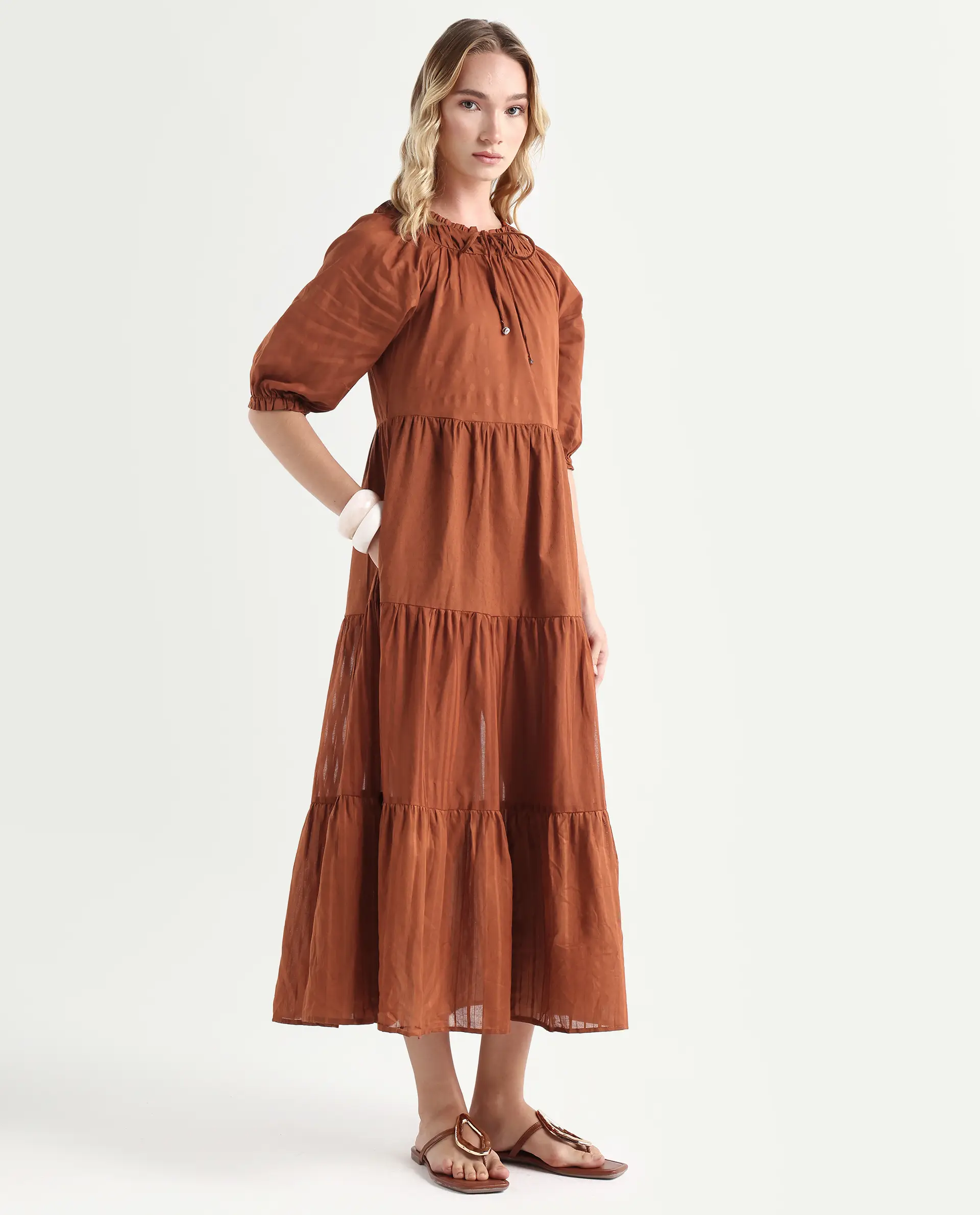 Rareism Women's Myle Brown Cotton Tie-Up Neck Plain Puff Sleeves Knee Length Regular Fit Dress - Image 6