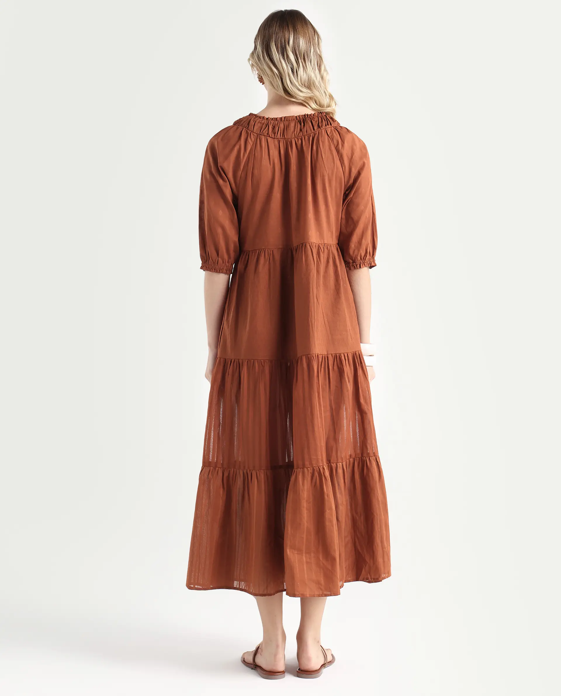 Rareism Women's Myle Brown Cotton Tie-Up Neck Plain Puff Sleeves Knee Length Regular Fit Dress - Image 7