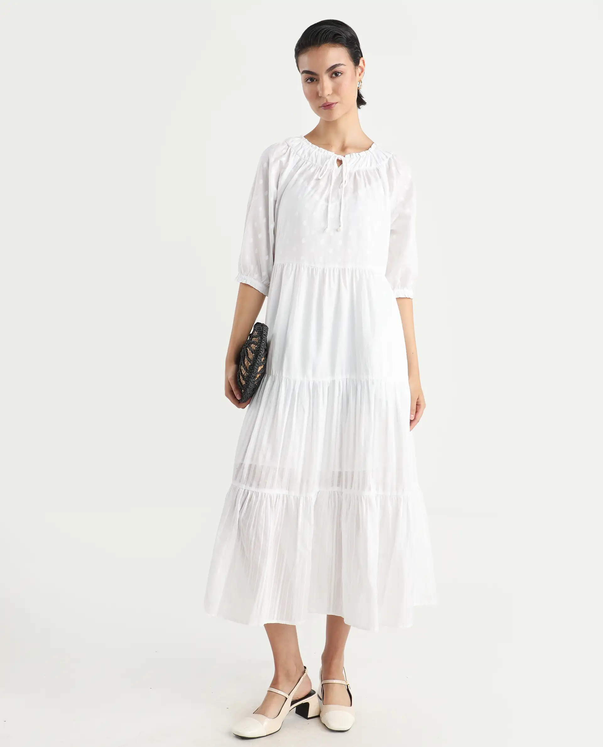 Rareism Women's Myle White Cotton Tie-Up Neck Plain Puff Sleeves Knee Length Regular Fit Dress - Image 2