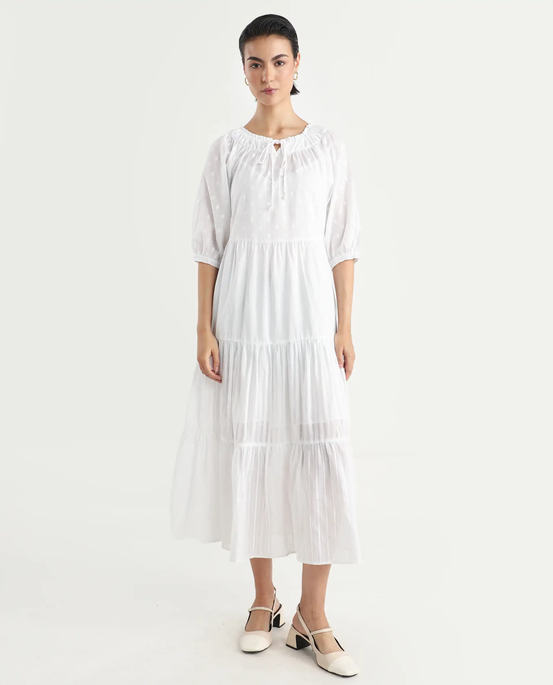 Rareism Women's Myle White Cotton Tie-Up Neck Plain Puff Sleeves Knee Length Regular Fit Dress - Image 3