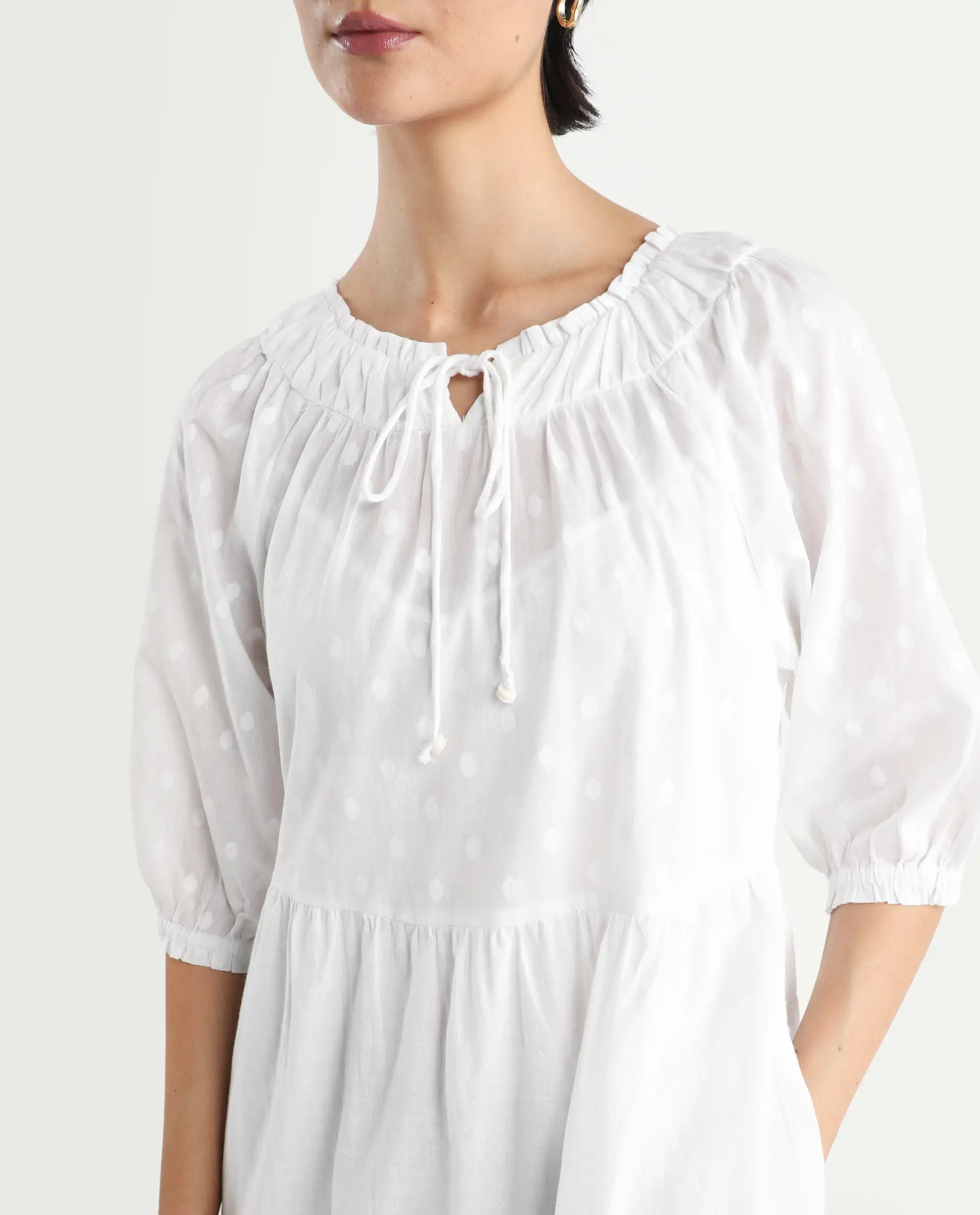 Rareism Women's Myle White Cotton Tie-Up Neck Plain Puff Sleeves Knee Length Regular Fit Dress - Image 4
