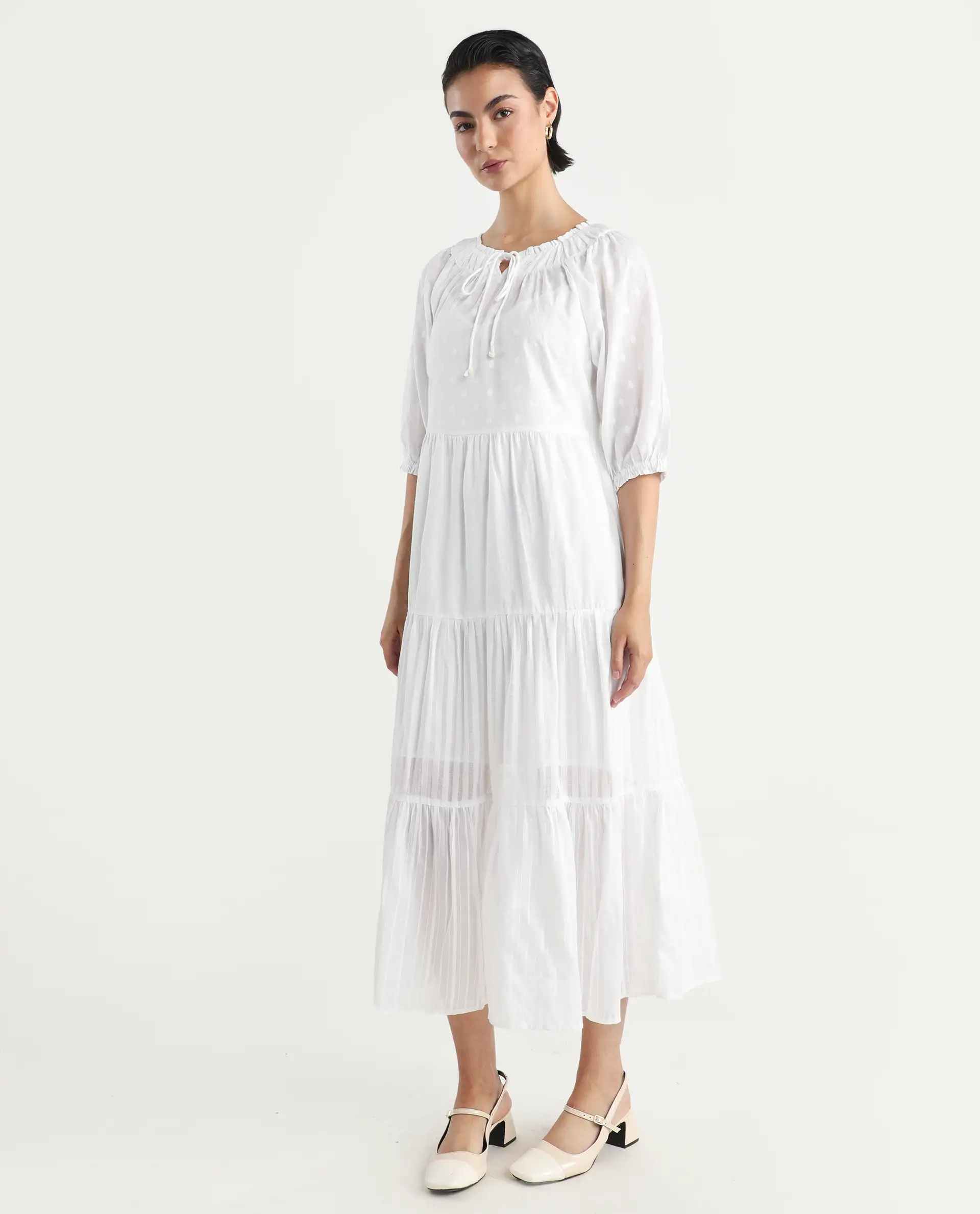 Rareism Women's Myle White Cotton Tie-Up Neck Plain Puff Sleeves Knee Length Regular Fit Dress - Image 5