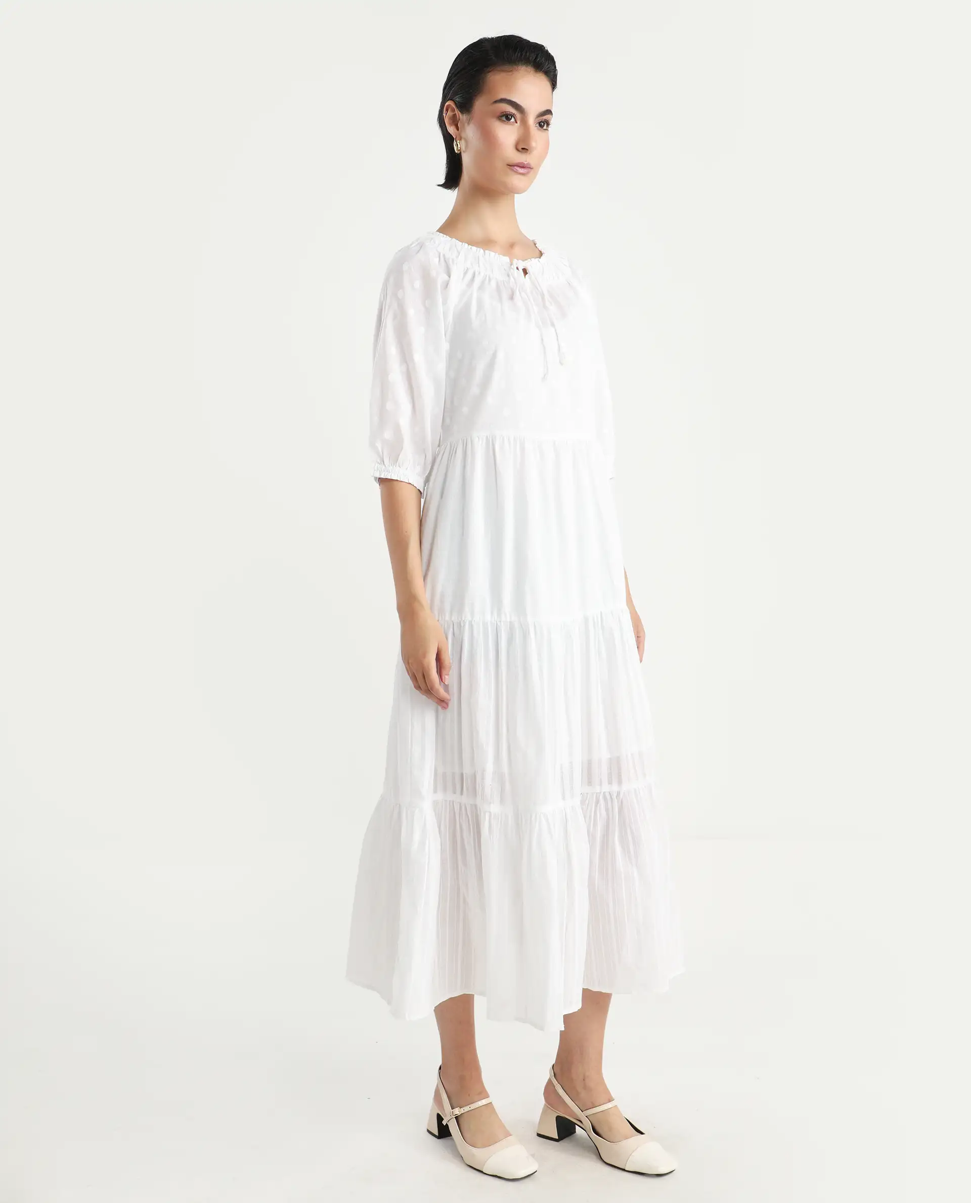 Rareism Women's Myle White Cotton Tie-Up Neck Plain Puff Sleeves Knee Length Regular Fit Dress - Image 6