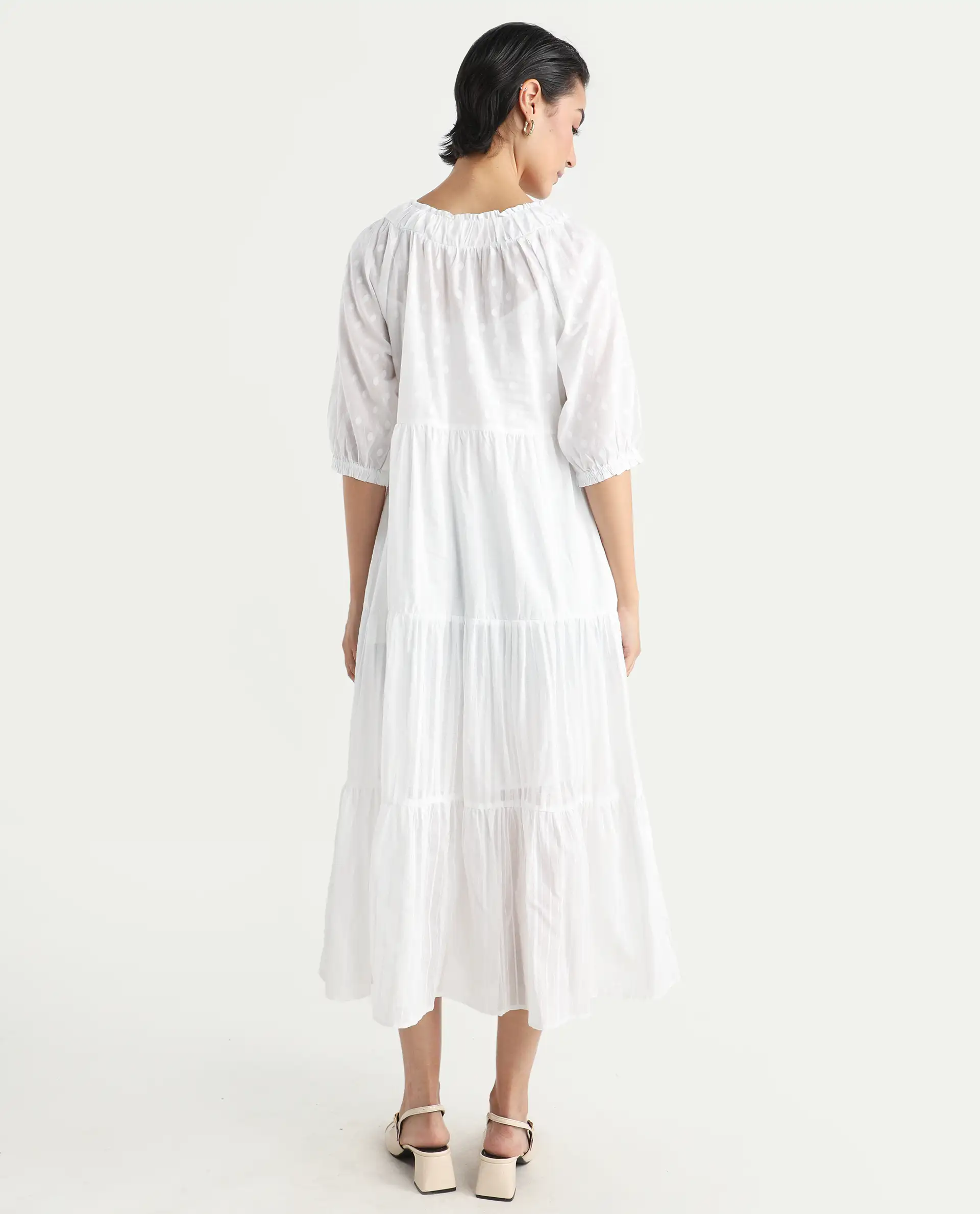 Rareism Women's Myle White Cotton Tie-Up Neck Plain Puff Sleeves Knee Length Regular Fit Dress - Image 7