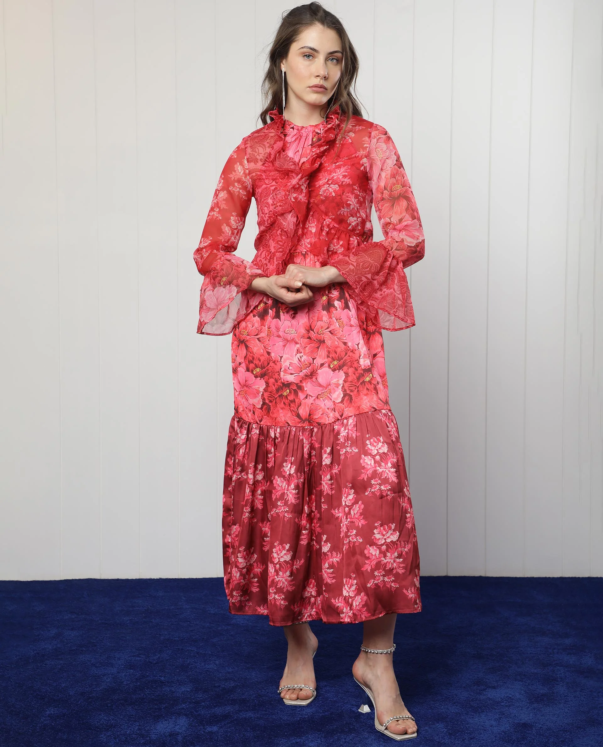Rareism Women's Myloh Maroon Polyester V-Neck Floral Print Bell Sleeve Crop Regular Fit Shrug - Image 10