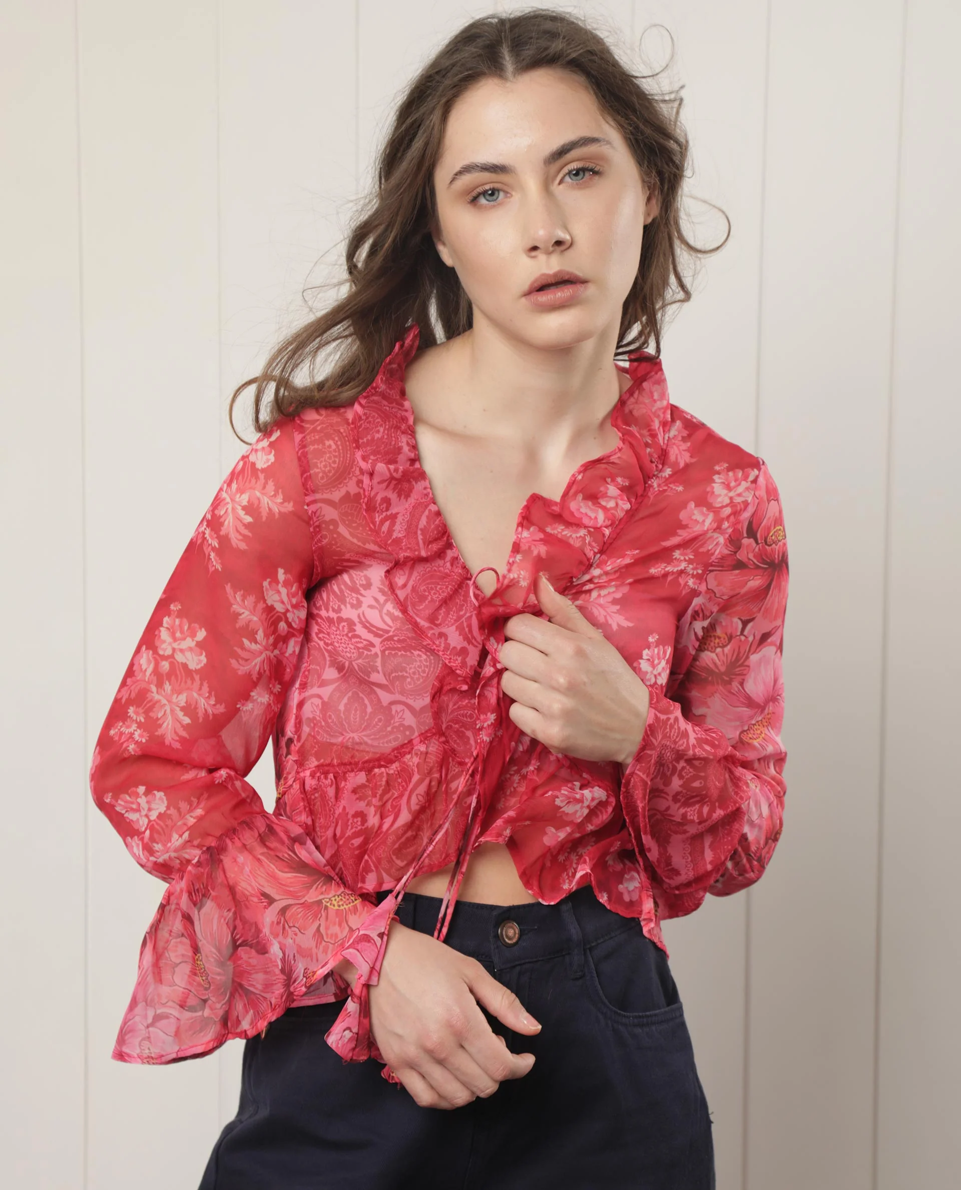 Rareism Women's Myloh Maroon Polyester V-Neck Floral Print Bell Sleeve Crop Regular Fit Shrug - Image 2