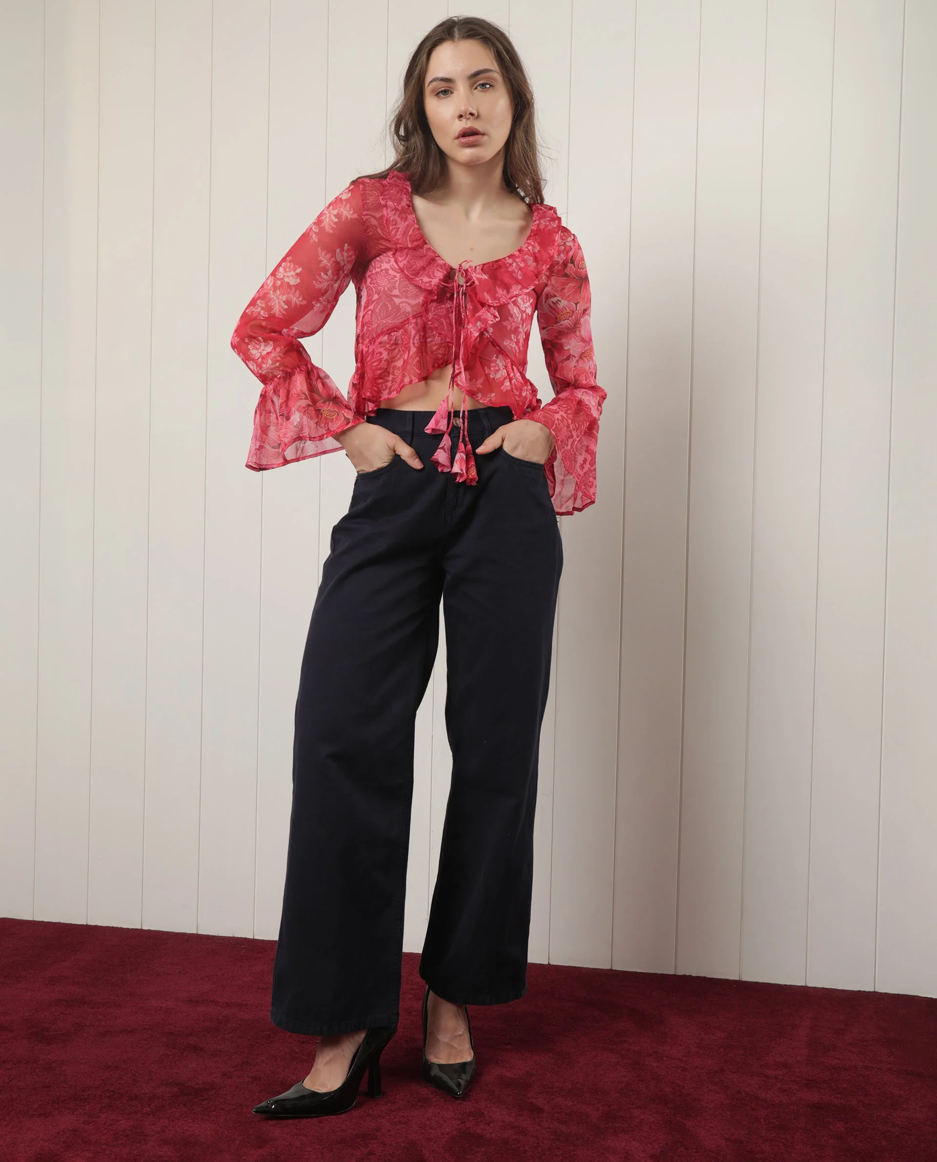 Rareism Women's Myloh Maroon Polyester V-Neck Floral Print Bell Sleeve Crop Regular Fit Shrug - Image 3