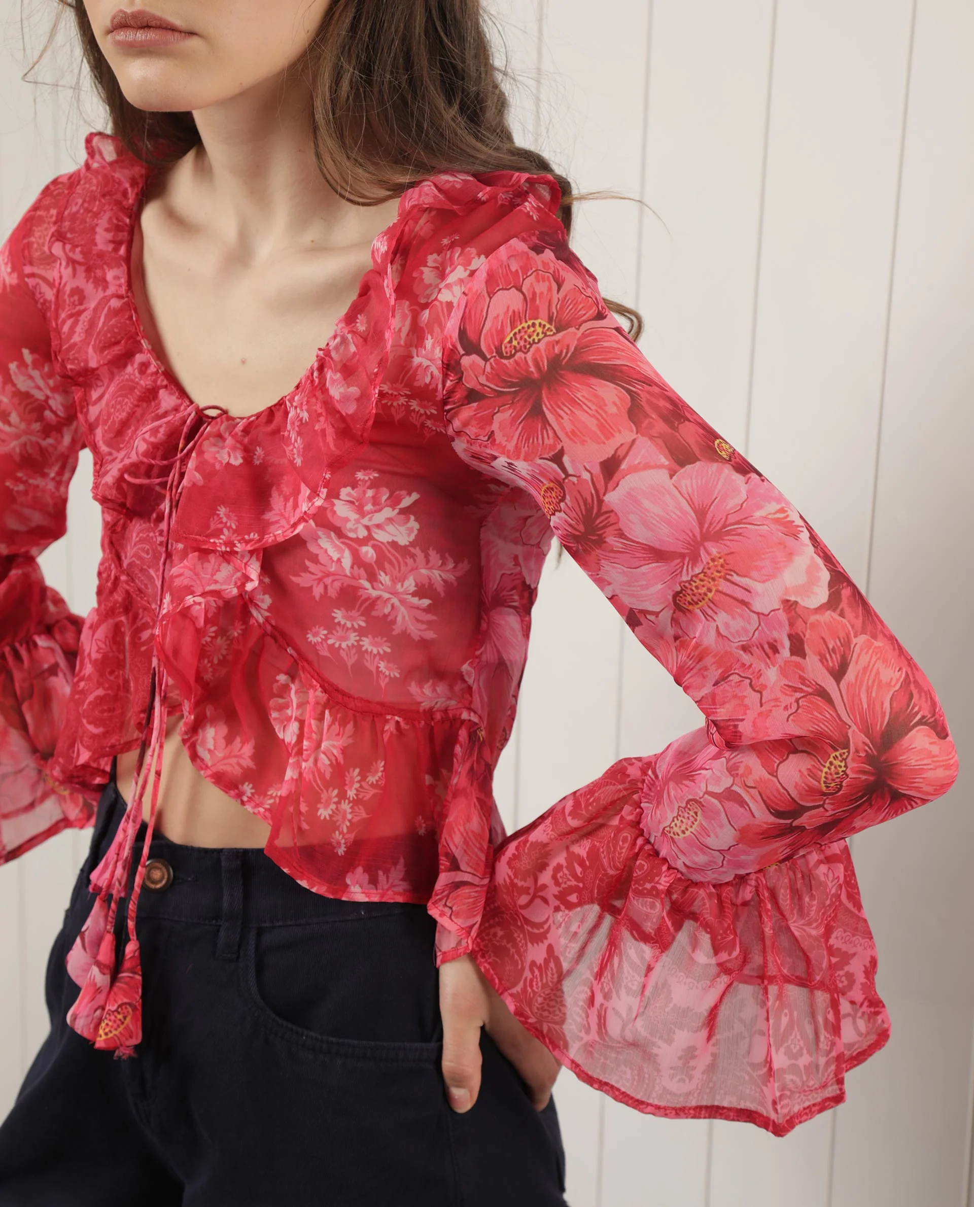 Rareism Women's Myloh Maroon Polyester V-Neck Floral Print Bell Sleeve Crop Regular Fit Shrug - Image 4