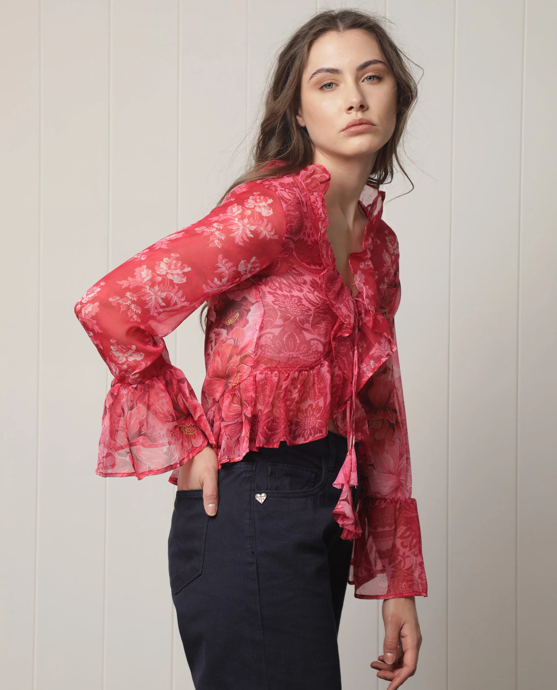 Rareism Women's Myloh Maroon Polyester V-Neck Floral Print Bell Sleeve Crop Regular Fit Shrug - Image 6