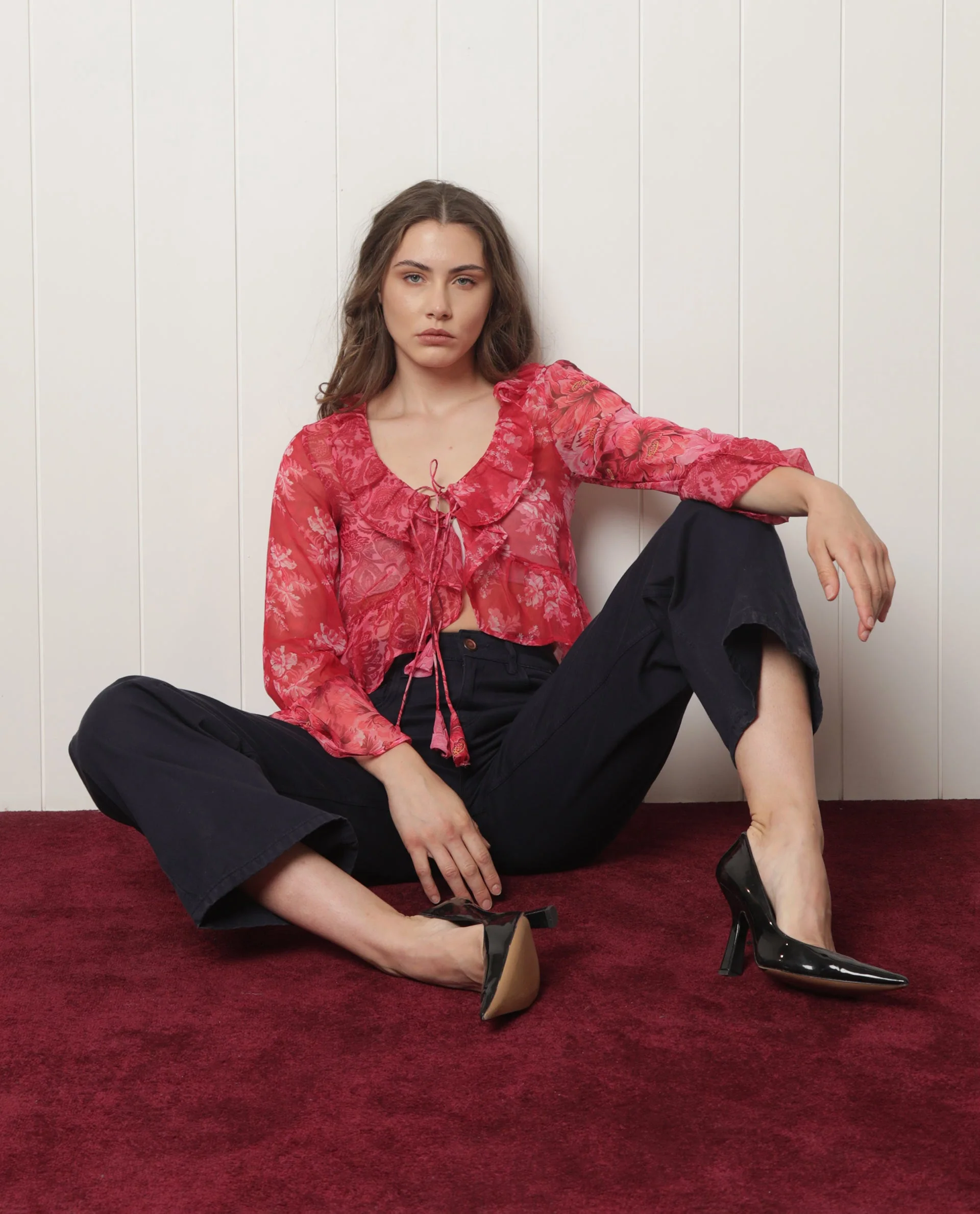 Rareism Women's Myloh Maroon Polyester V-Neck Floral Print Bell Sleeve Crop Regular Fit Shrug - Image 8