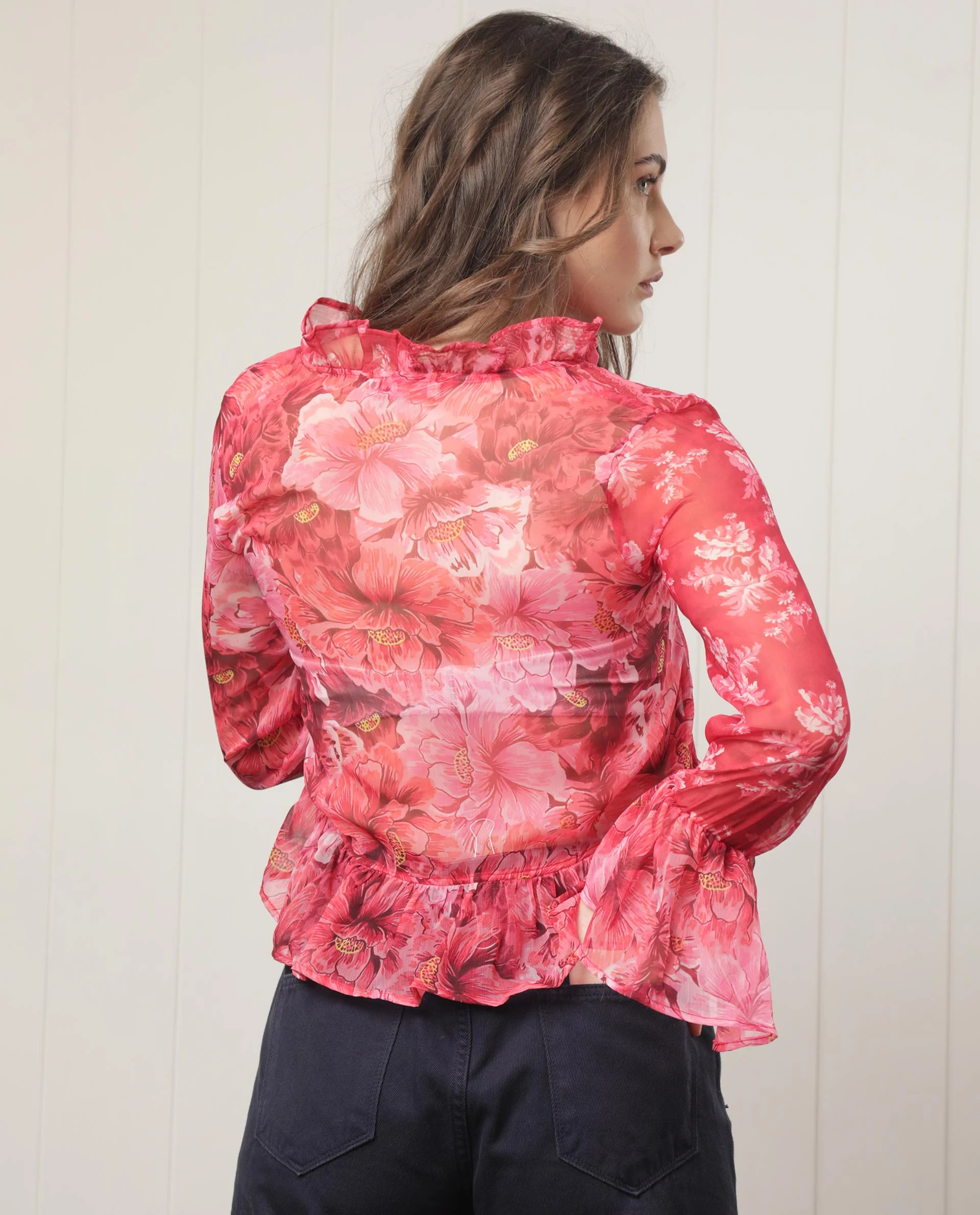 Rareism Women's Myloh Maroon Polyester V-Neck Floral Print Bell Sleeve Crop Regular Fit Shrug - Image 9