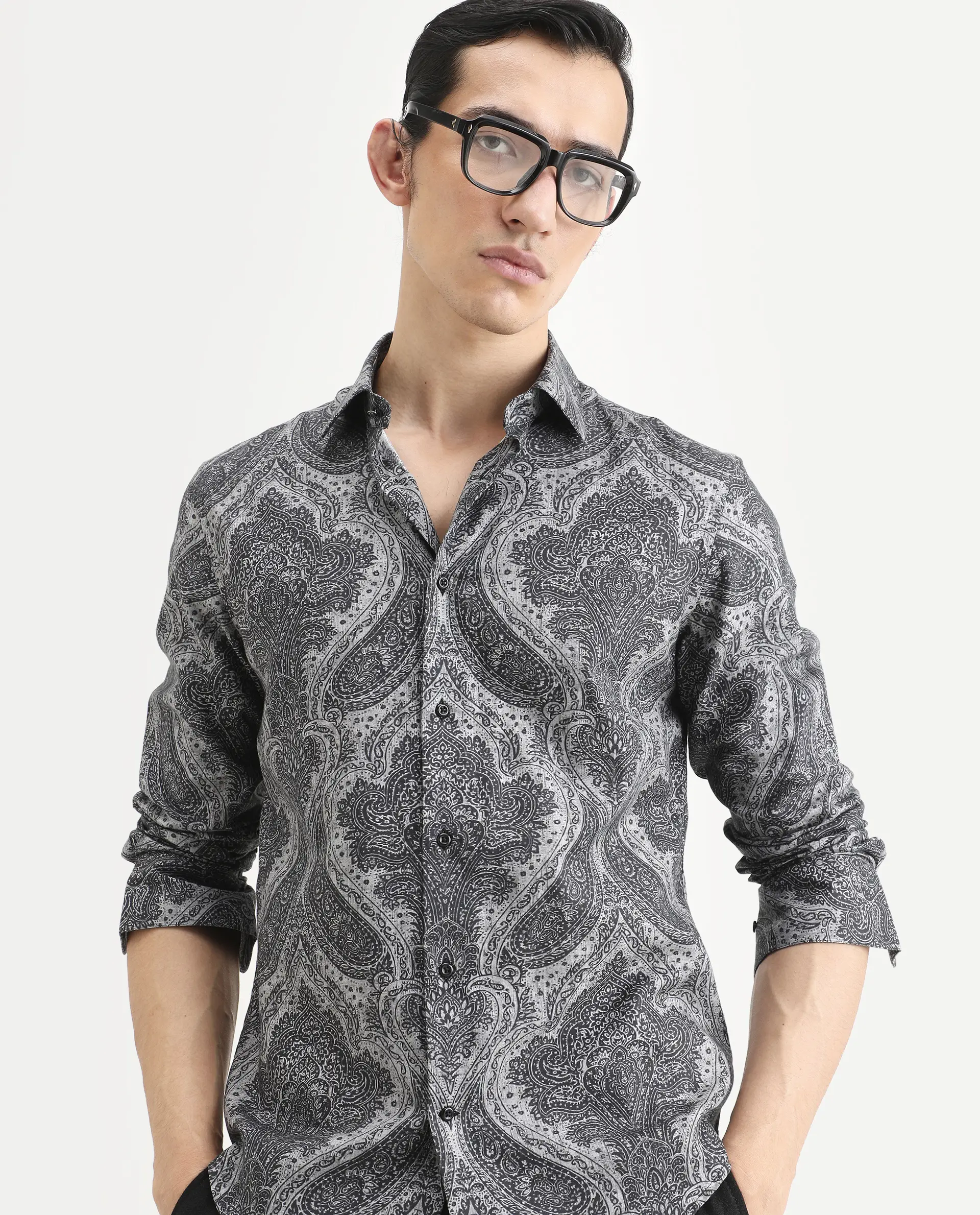 Rare Rabbit Men's Myra Dusky Grey Cotton Blend Fabric Full Sleeve Spread Collar Regular Fit Paisley Shirt