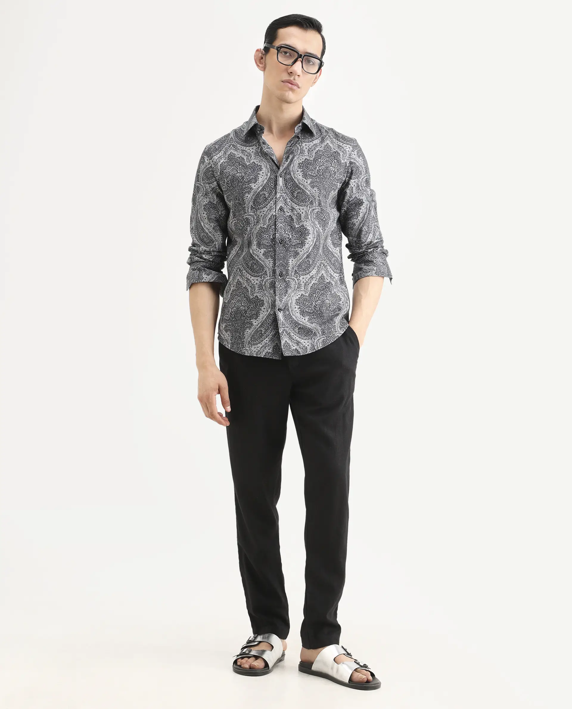 Rare Rabbit Men's Myra Dusky Grey Cotton Blend Fabric Full Sleeve Spread Collar Regular Fit Paisley Shirt - Image 2