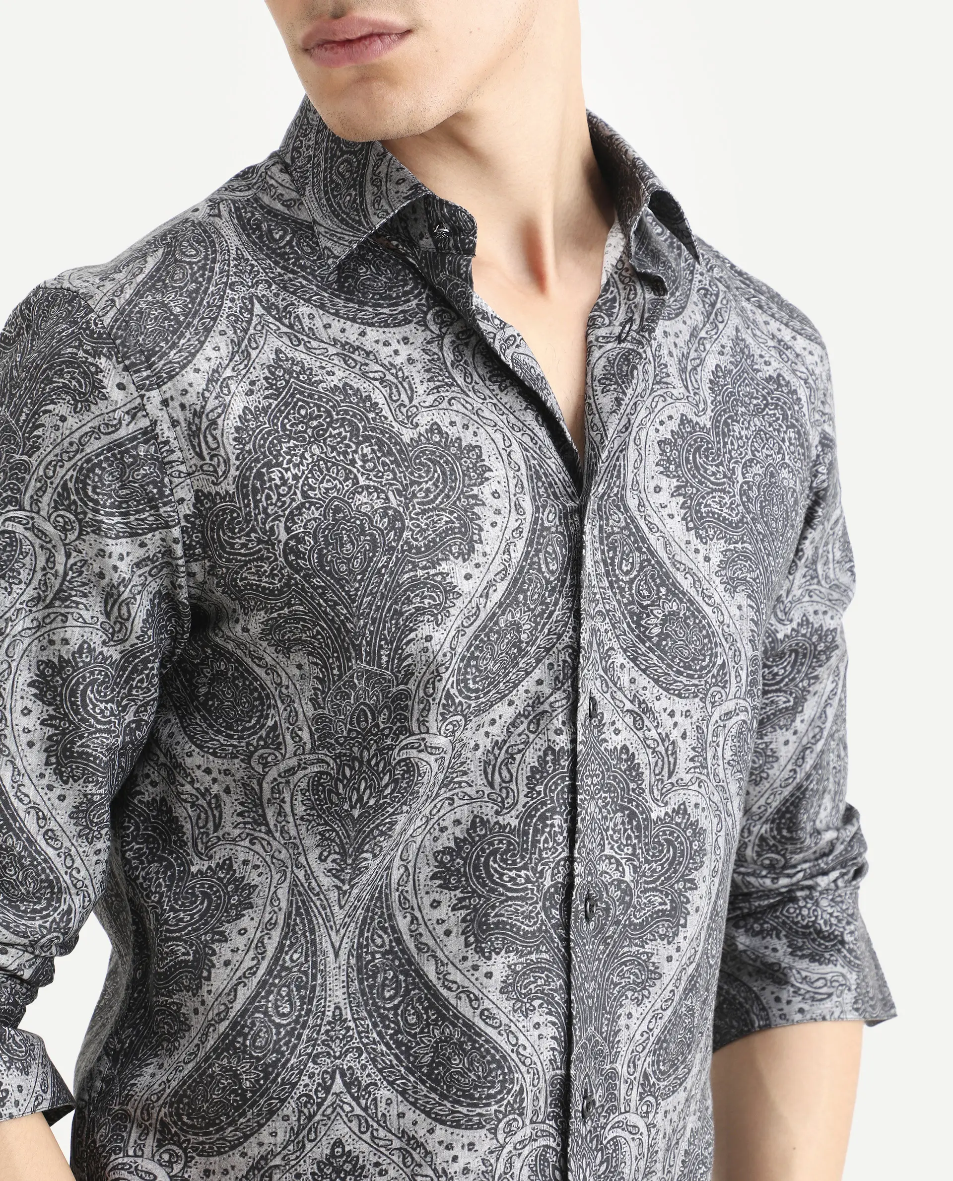 Rare Rabbit Men's Myra Dusky Grey Cotton Blend Fabric Full Sleeve Spread Collar Regular Fit Paisley Shirt - Image 3