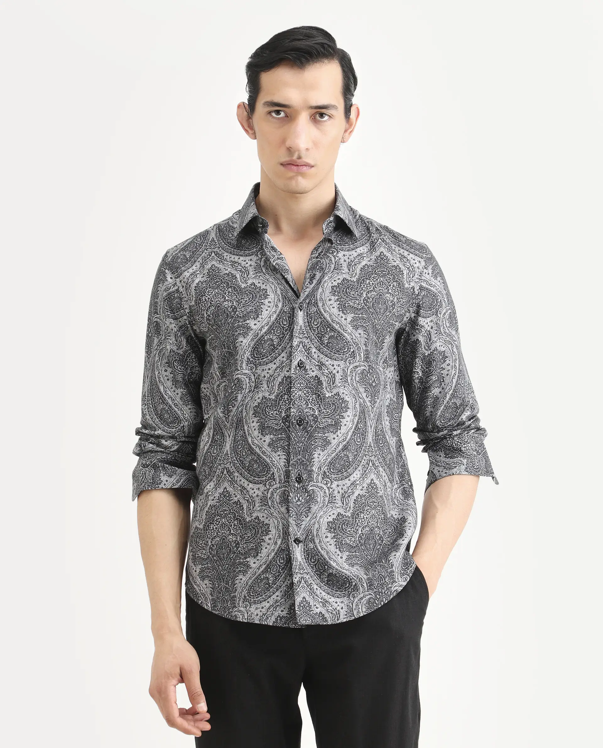 Rare Rabbit Men's Myra Dusky Grey Cotton Blend Fabric Full Sleeve Spread Collar Regular Fit Paisley Shirt - Image 4